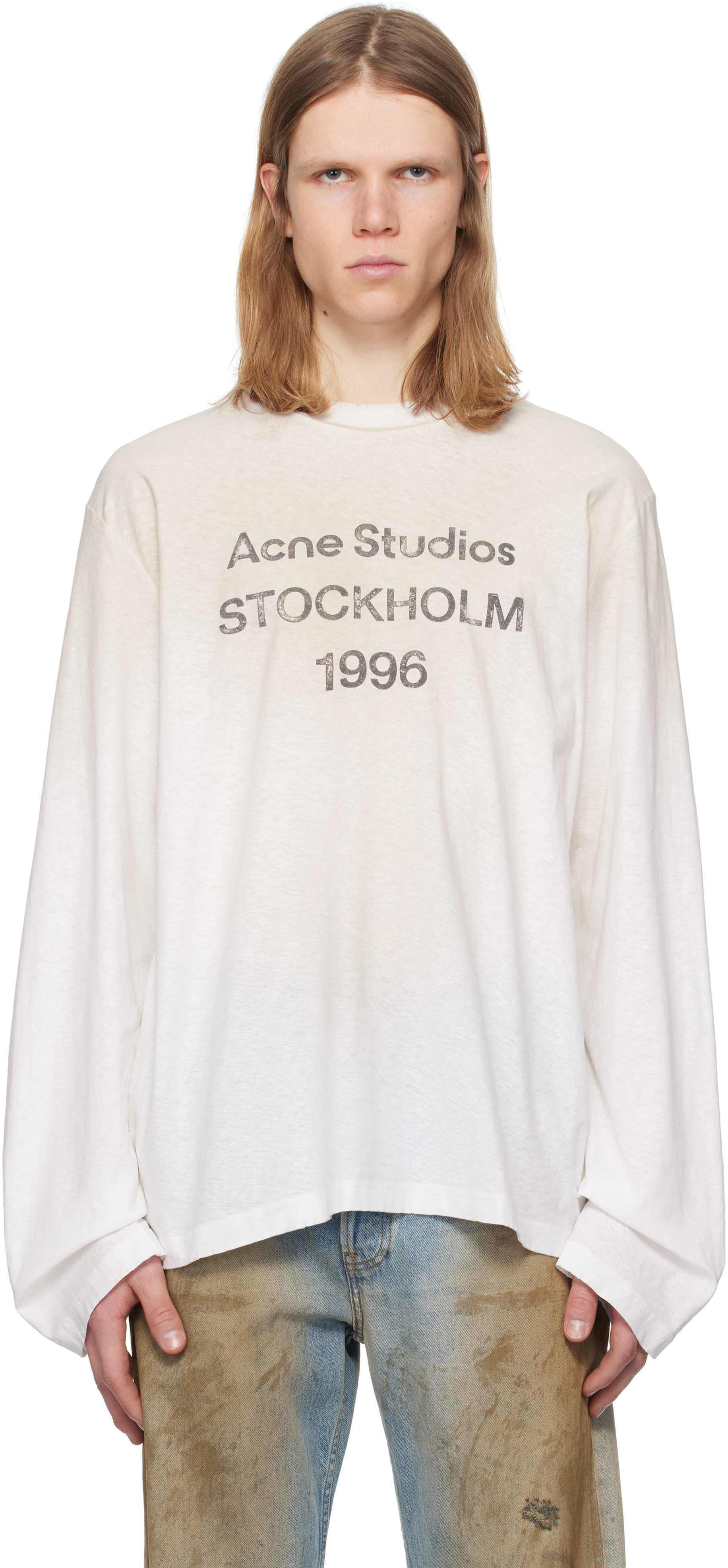 Acne Studios: オフホワイト リラックスフィット ロゴ Tシャツ