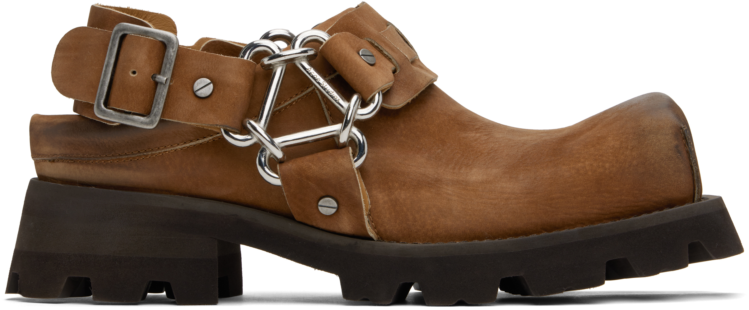 Brown Leather Buckle Mules