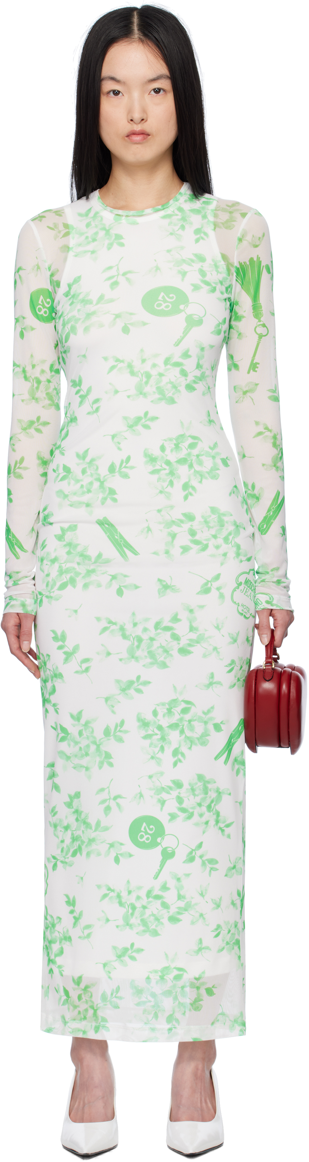 Green & White Floral Print Mesh Maxi Dress by Moschino Jeans on Sale