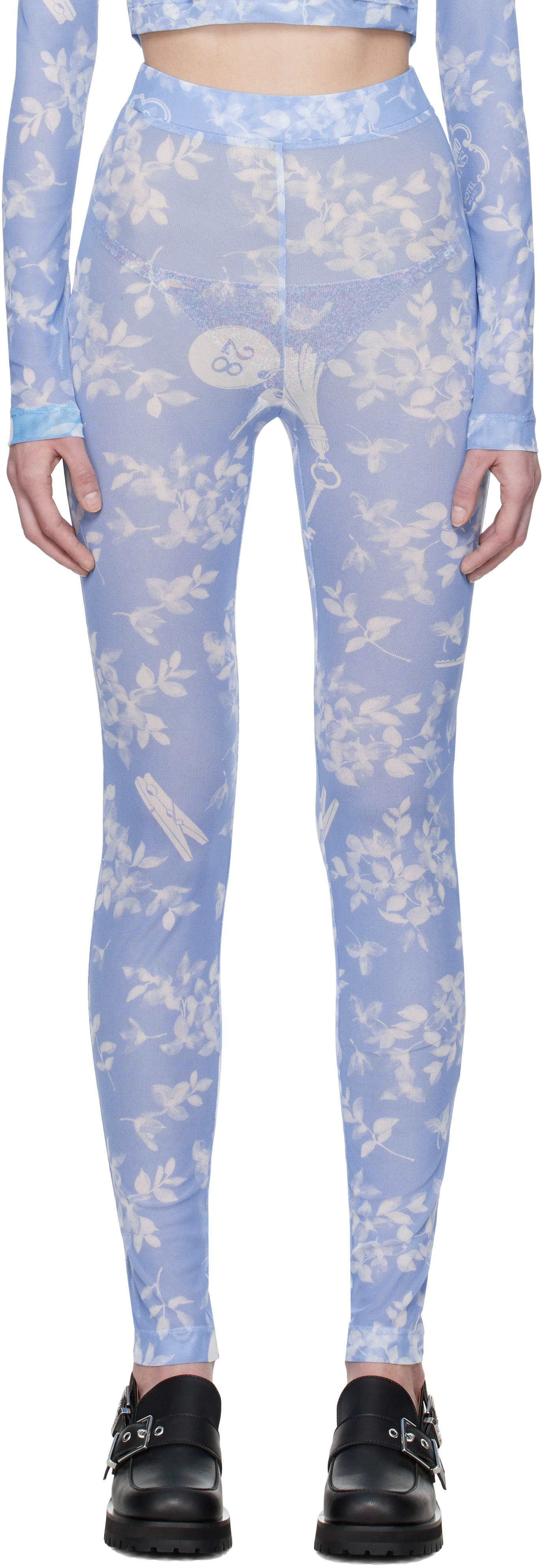 Blue Floral Print Mesh Leggings