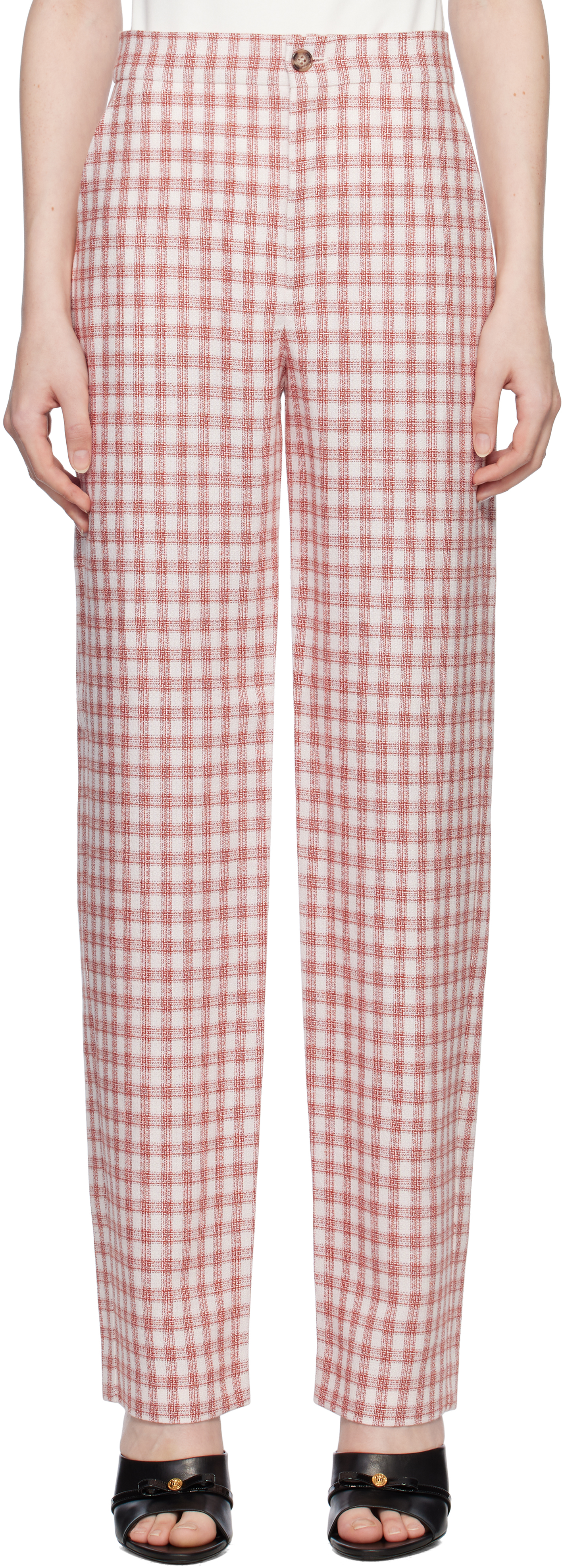 Red Viscose-Linen Check Trousers