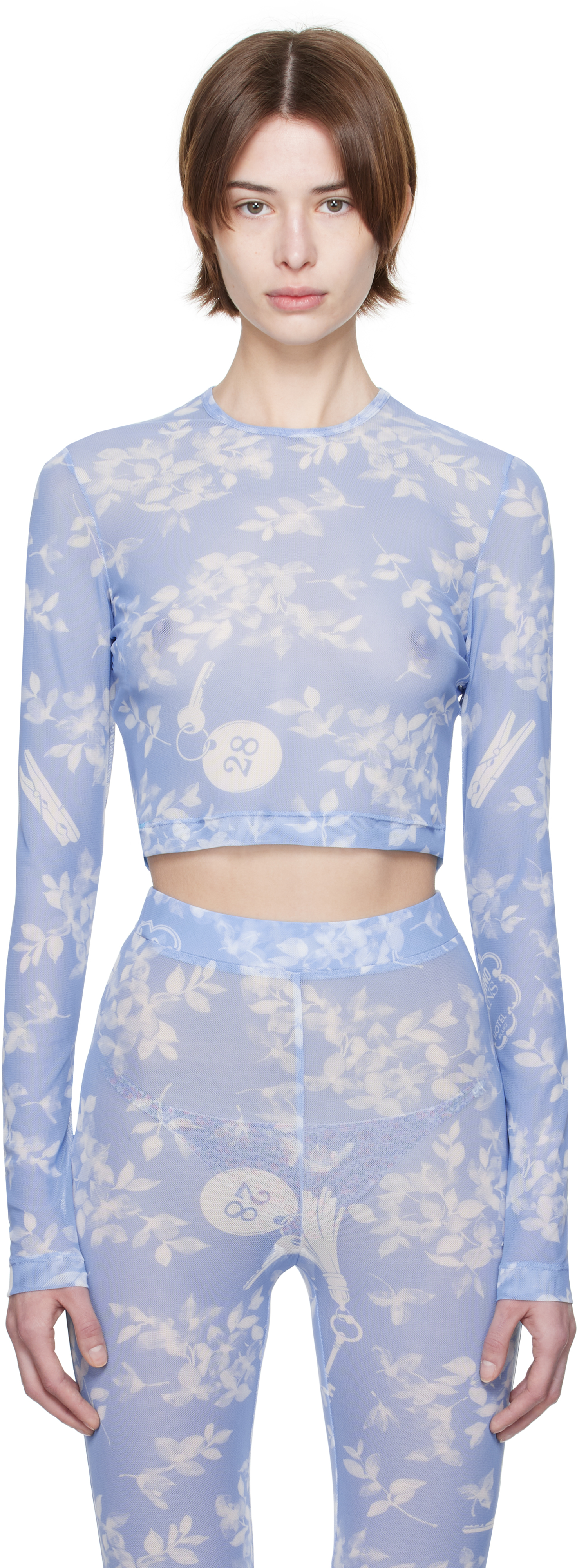 Blue Floral Print Mesh T-shirt