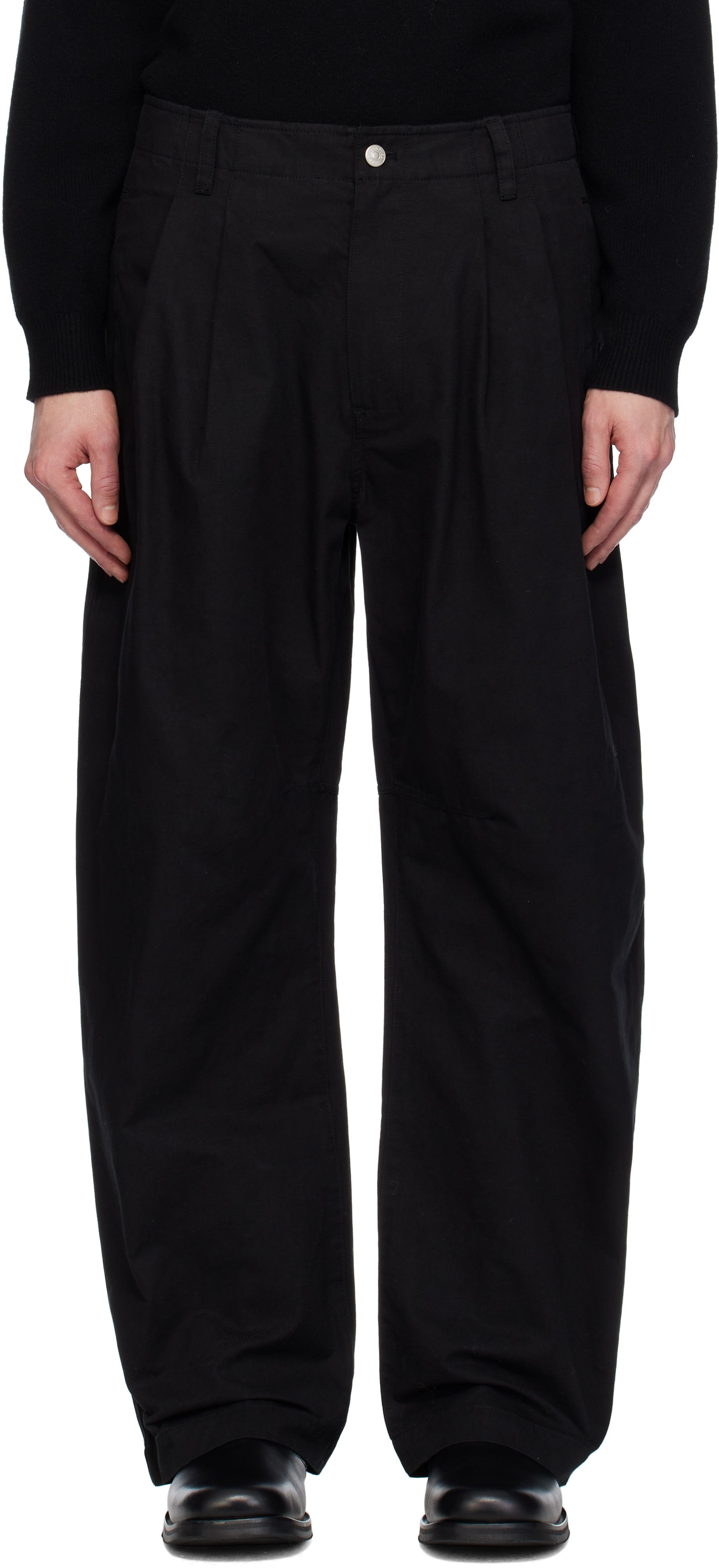 Black Curved Two Tuck Cotton Trousers