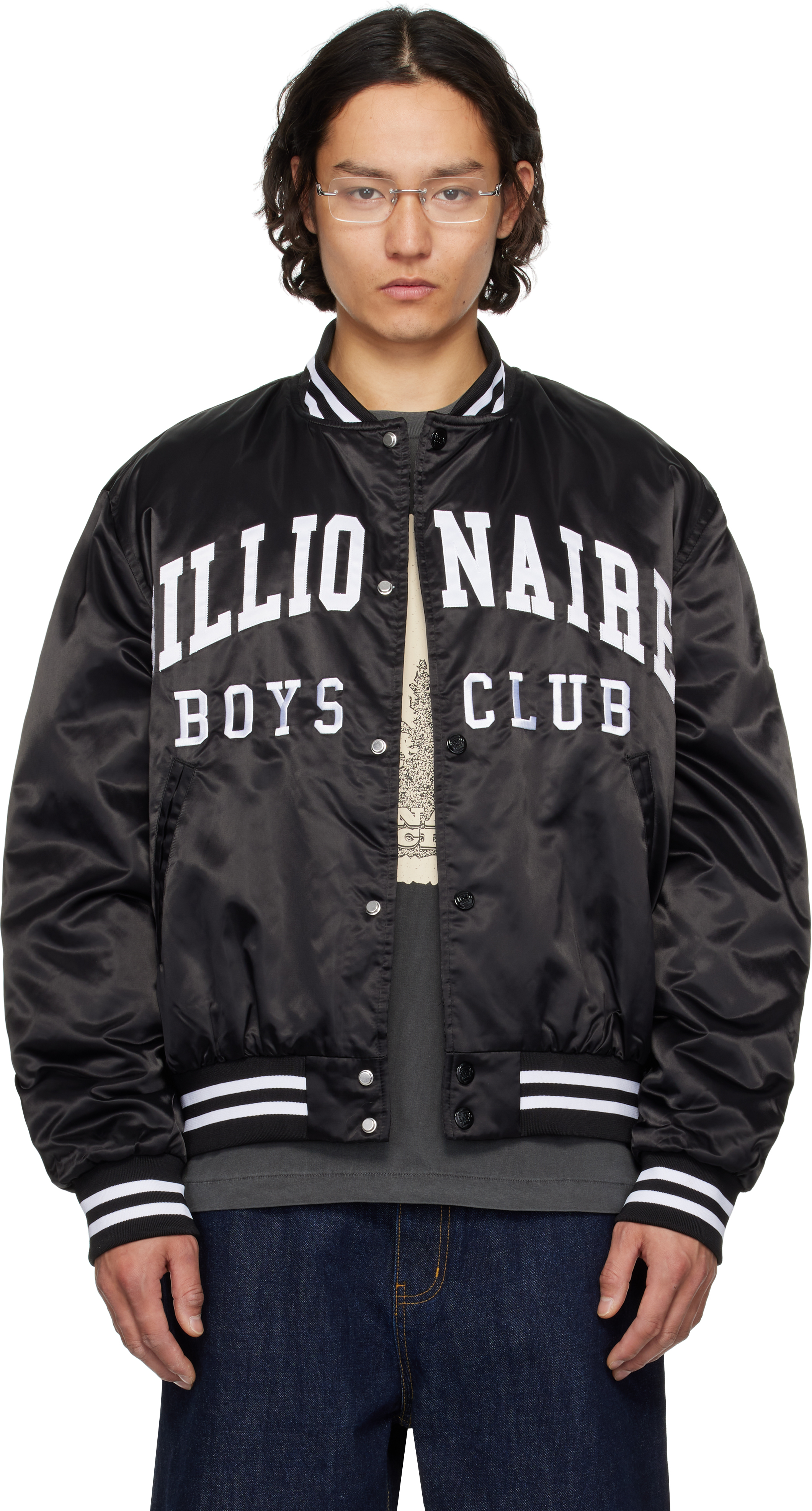 Billionaire Boys Club: Black College Satin Bomber Jacket