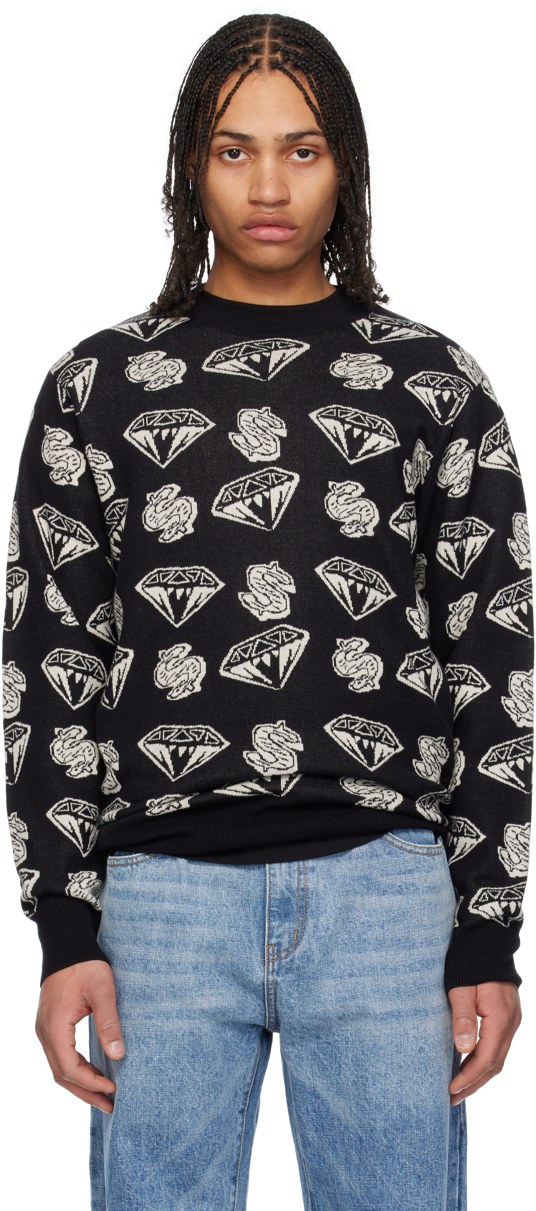 Billionaire Boys Club Black Diamonds & Dollars Knit Sweater In Black/ecru