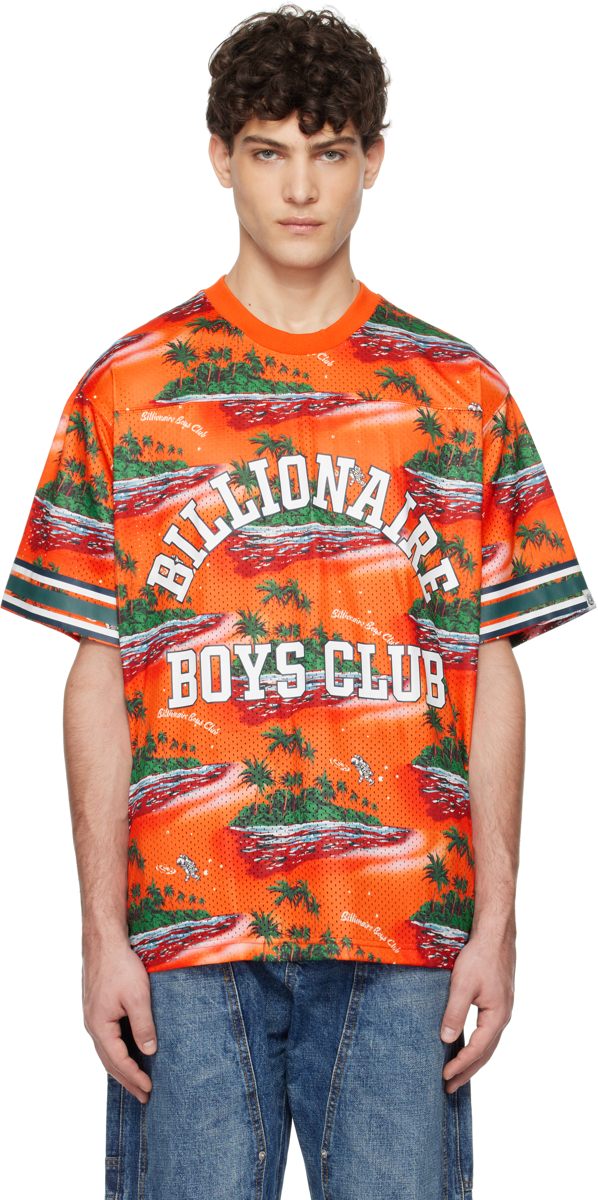 BILLIONAIRE BOYS CLUB ORANGE TROPICAL ISLAND PRINT FOOTBALL T-SHIRT