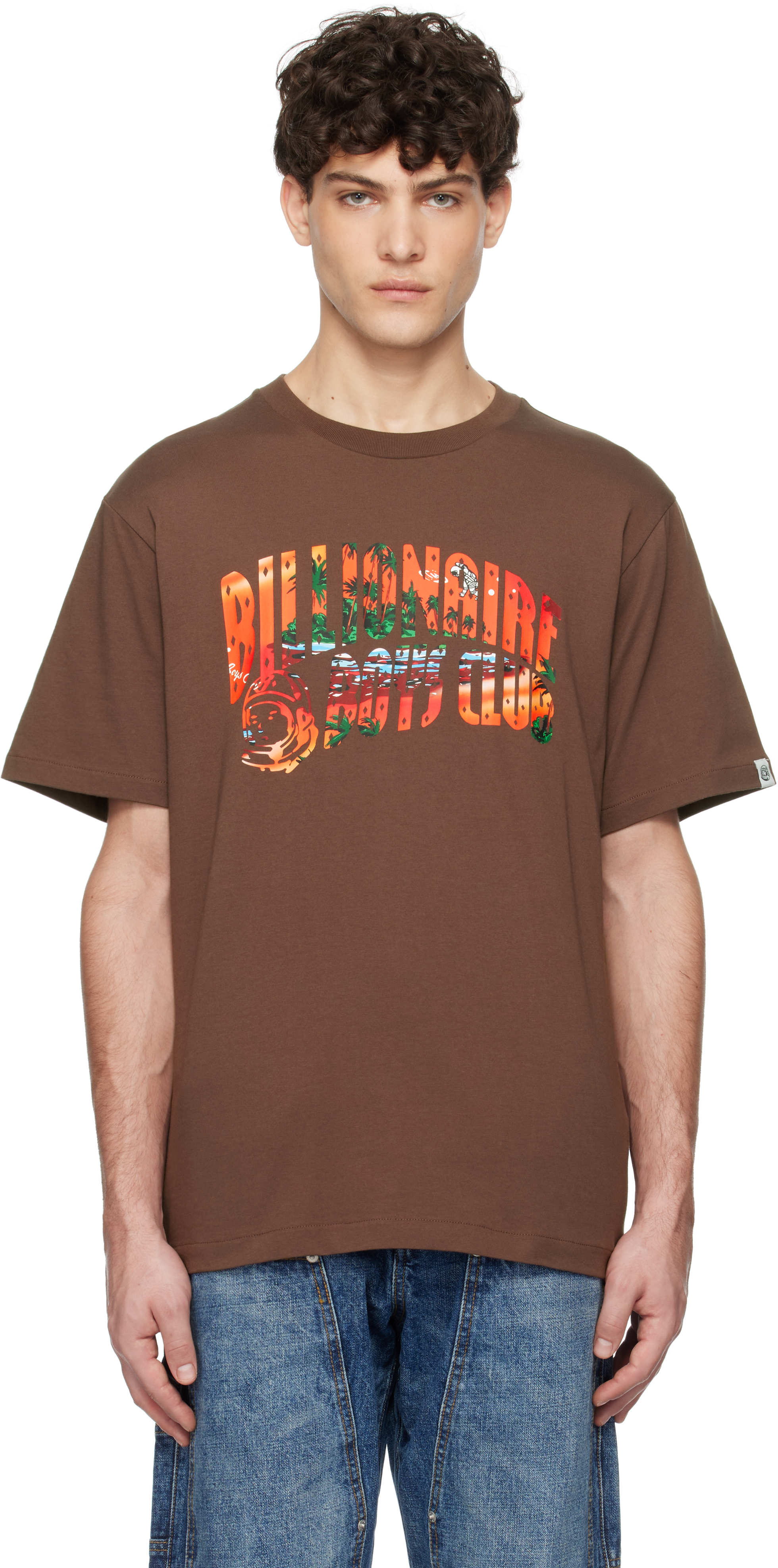 Brown Tropical Island Fill Arch Logo T-shirt by Billionaire