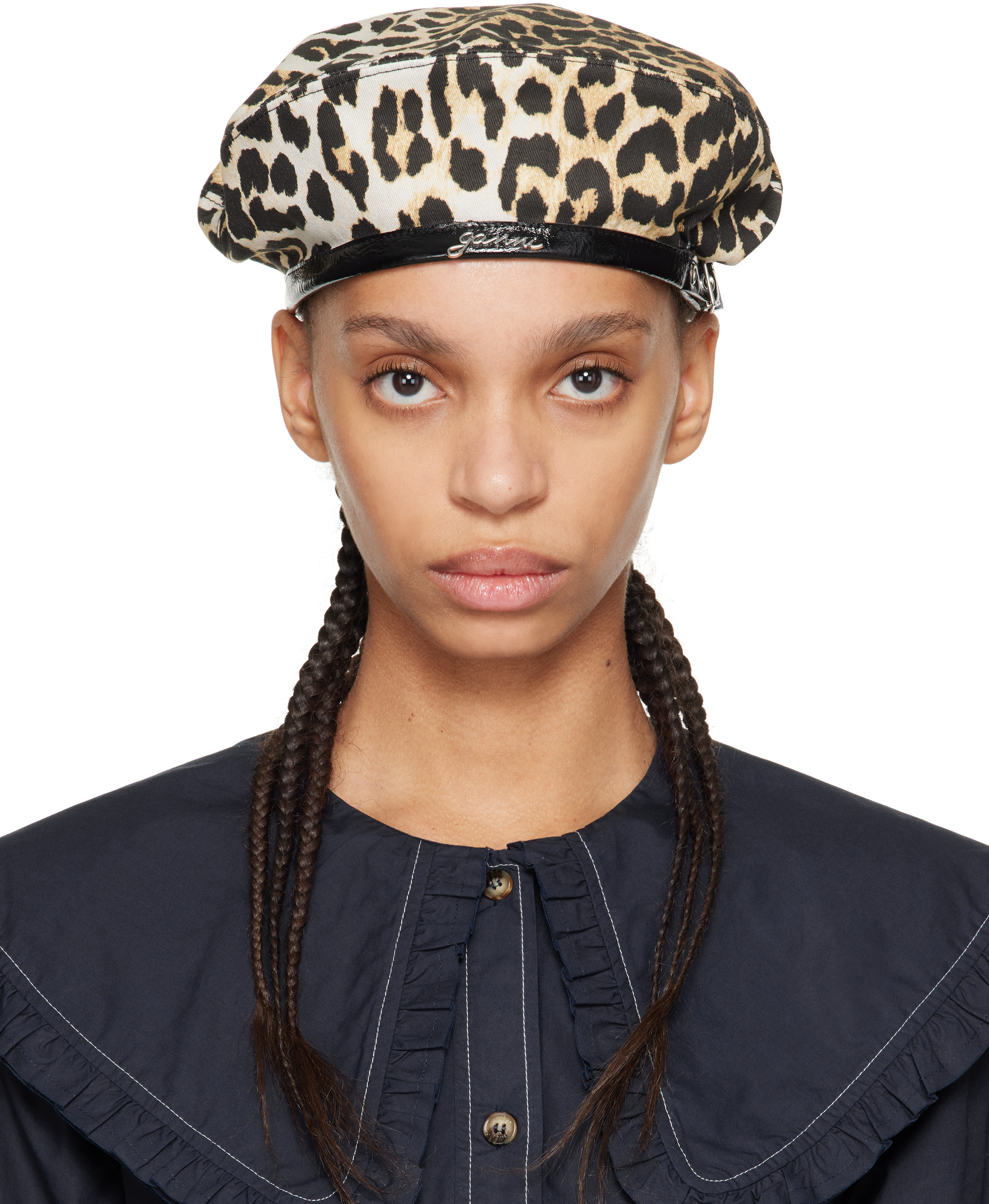 Ganni Beige & Black Leopard Printed Beret In 943 Leopard