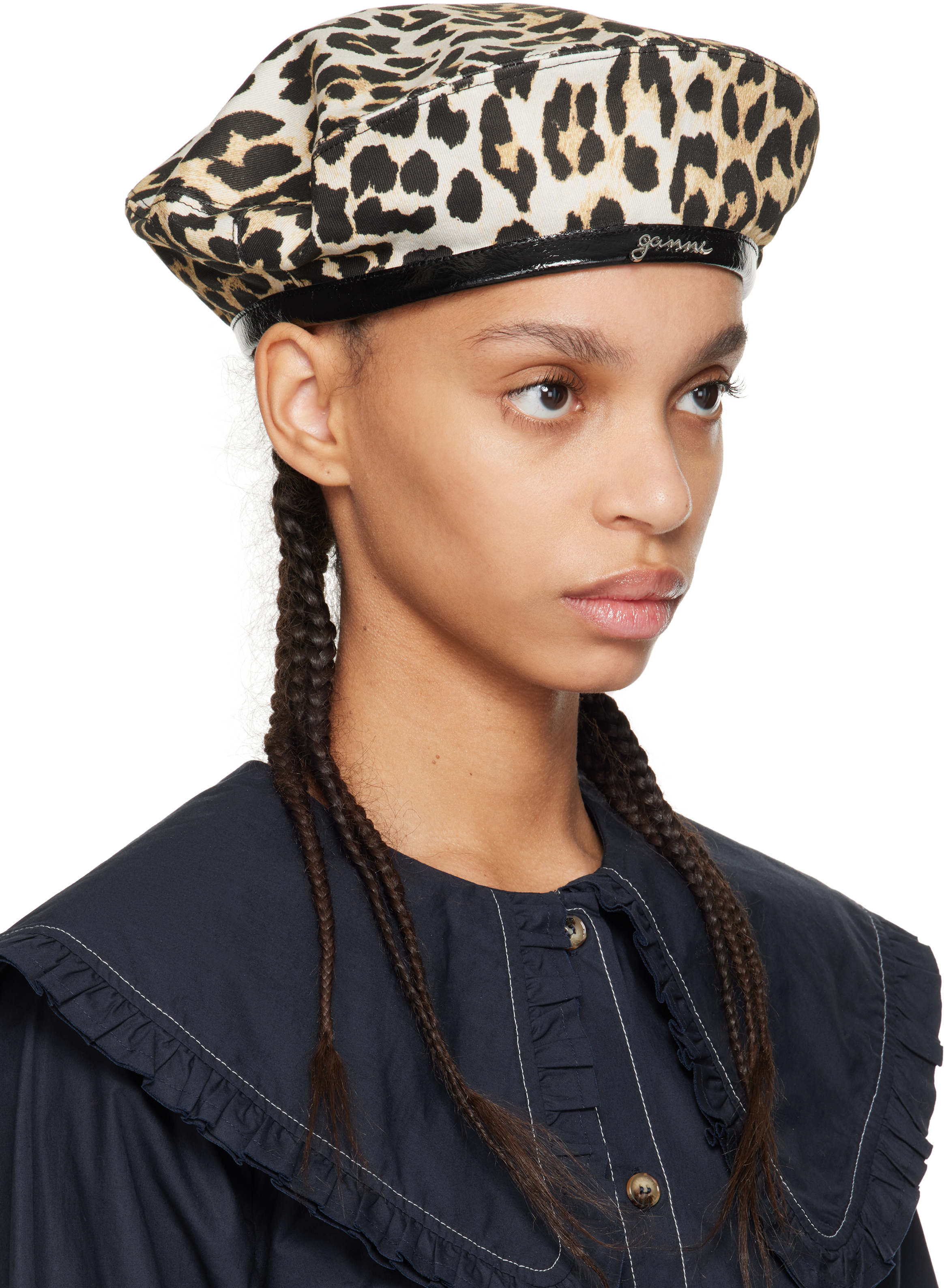 Ganni Beige & Black Leopard Printed Beret In 943 Leopard