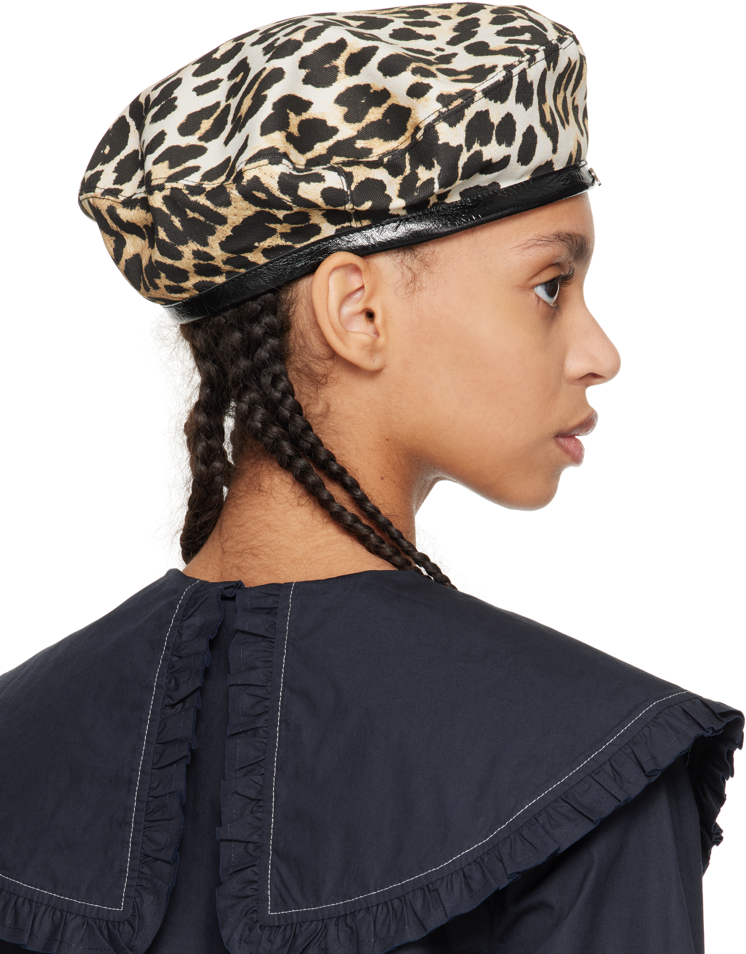 Ganni Beige & Black Leopard Printed Beret In 943 Leopard