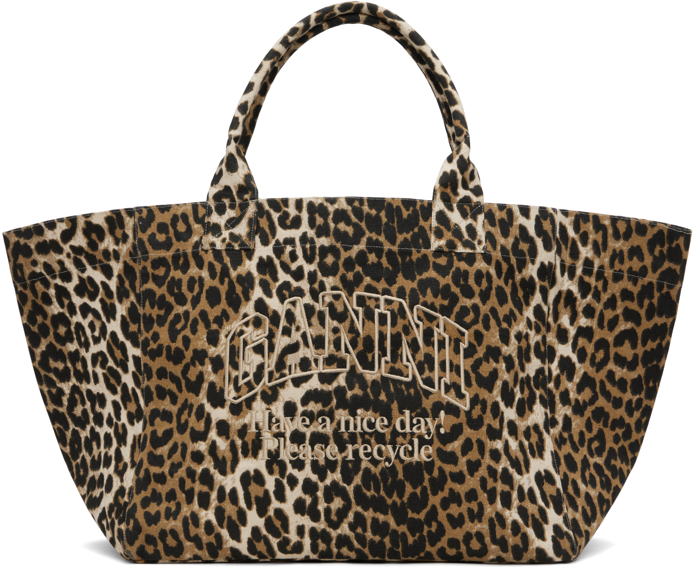 Beige Oversized Leopard-Print Canvas Tote