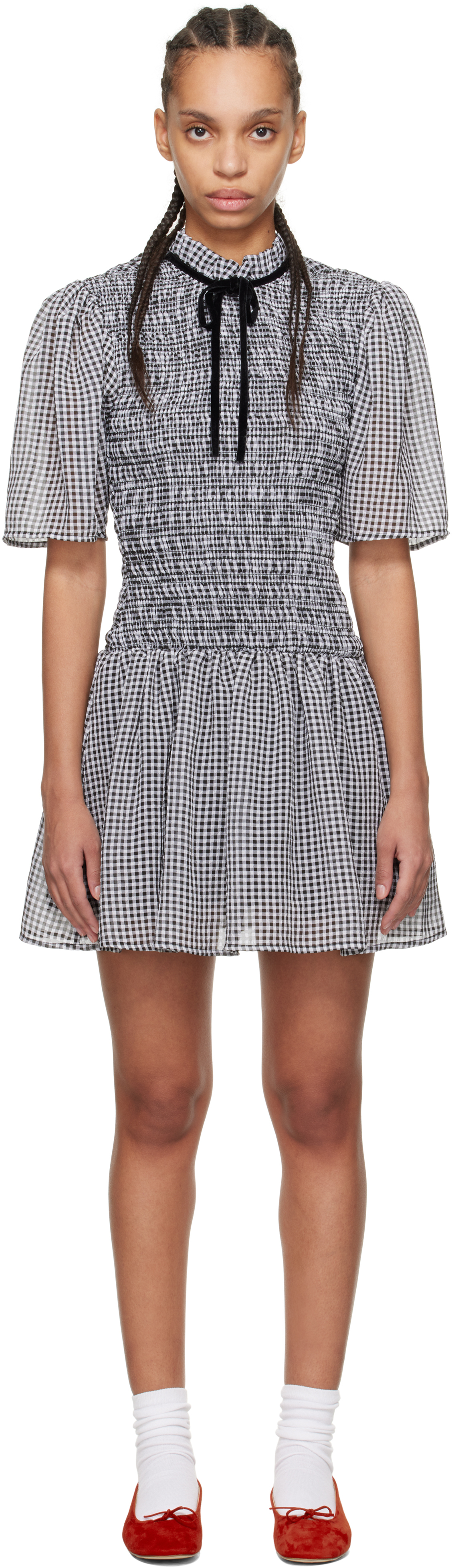 Black 
White Sheer Check Mini Smock Minidress