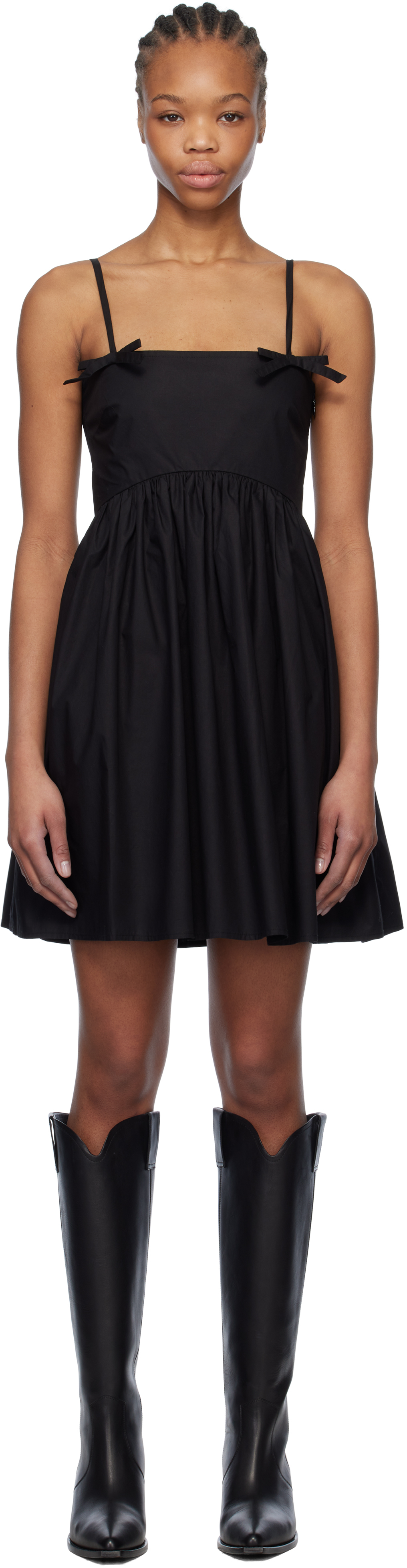 Black Cotton Poplin Strap Minidress