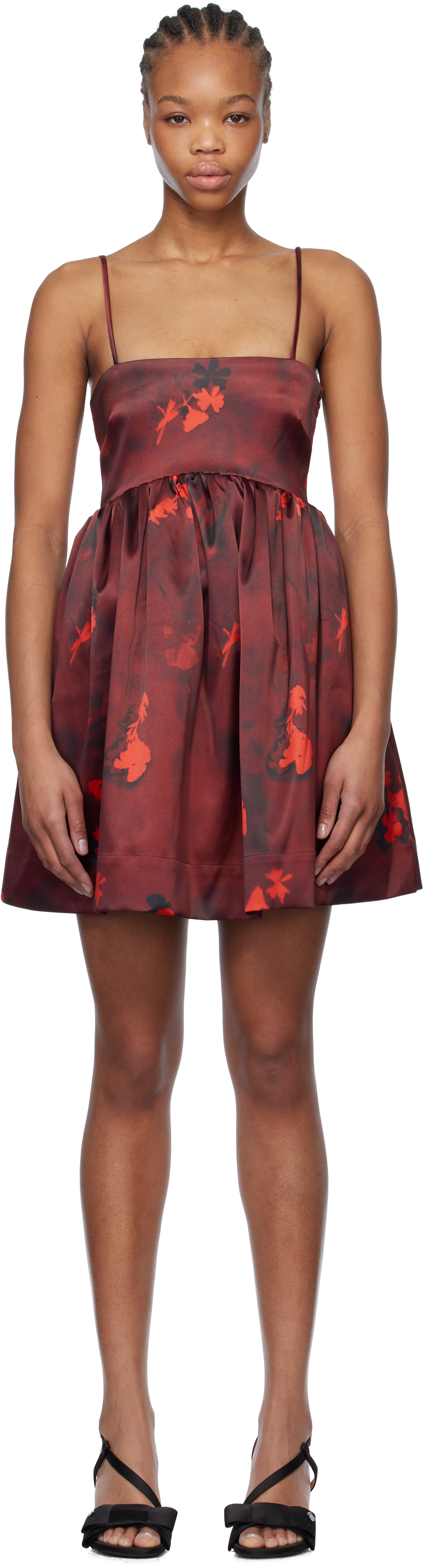 Burgundy Floral Print Satin Strap Minidress