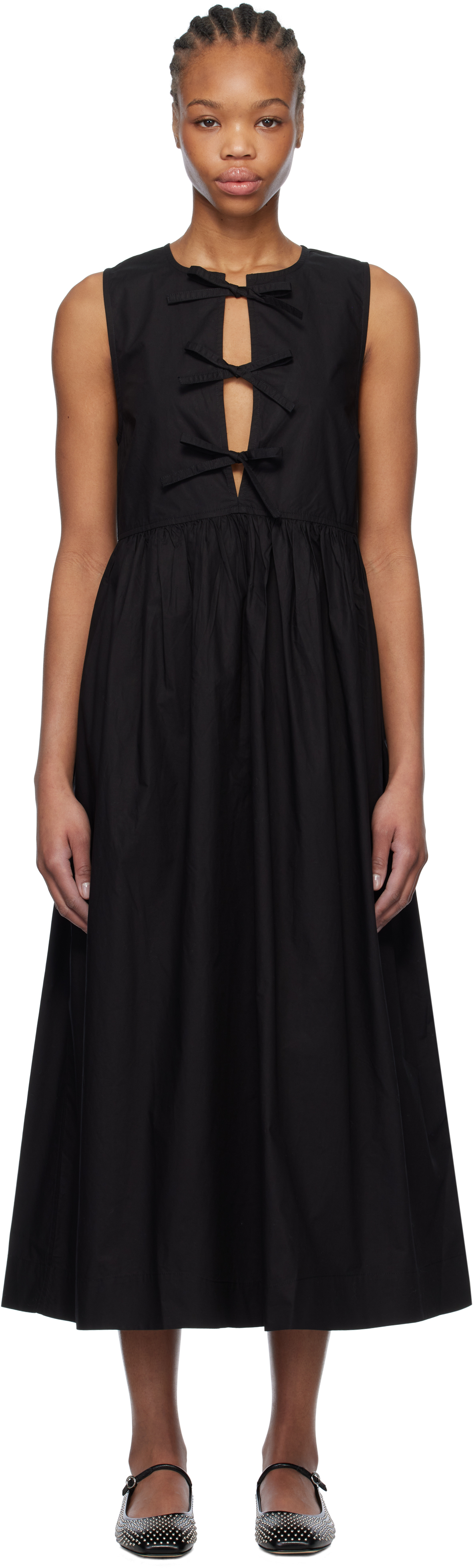 Ganni Tie String Poplin Dress In 099 Black