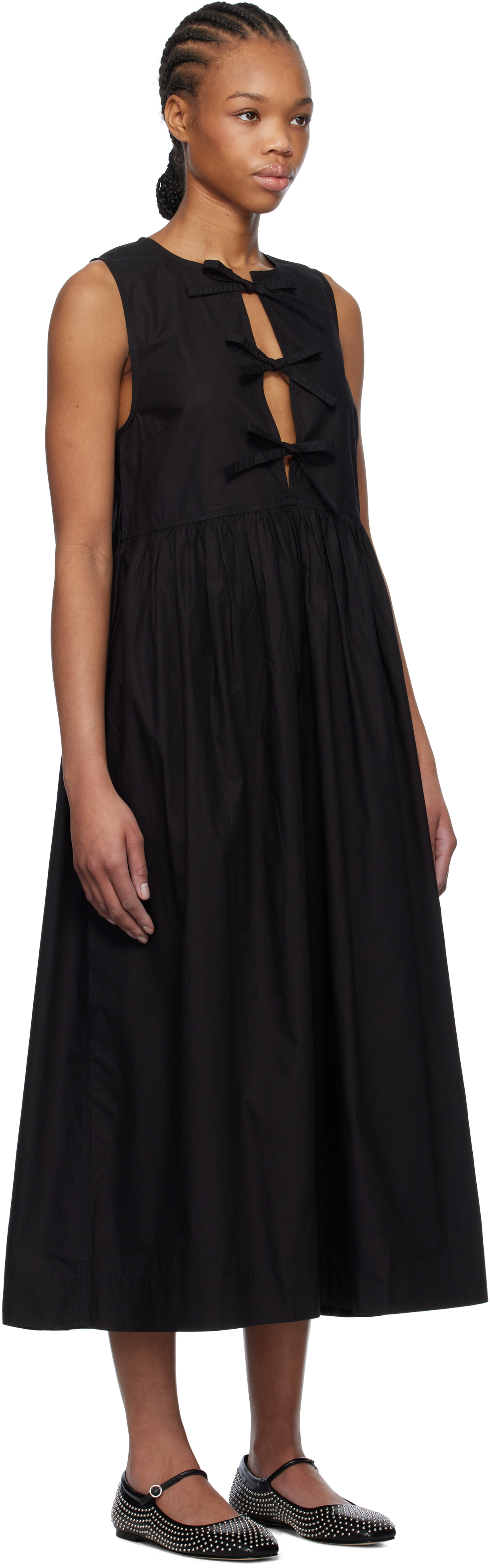 Ganni Tie String Poplin Dress In 099 Black