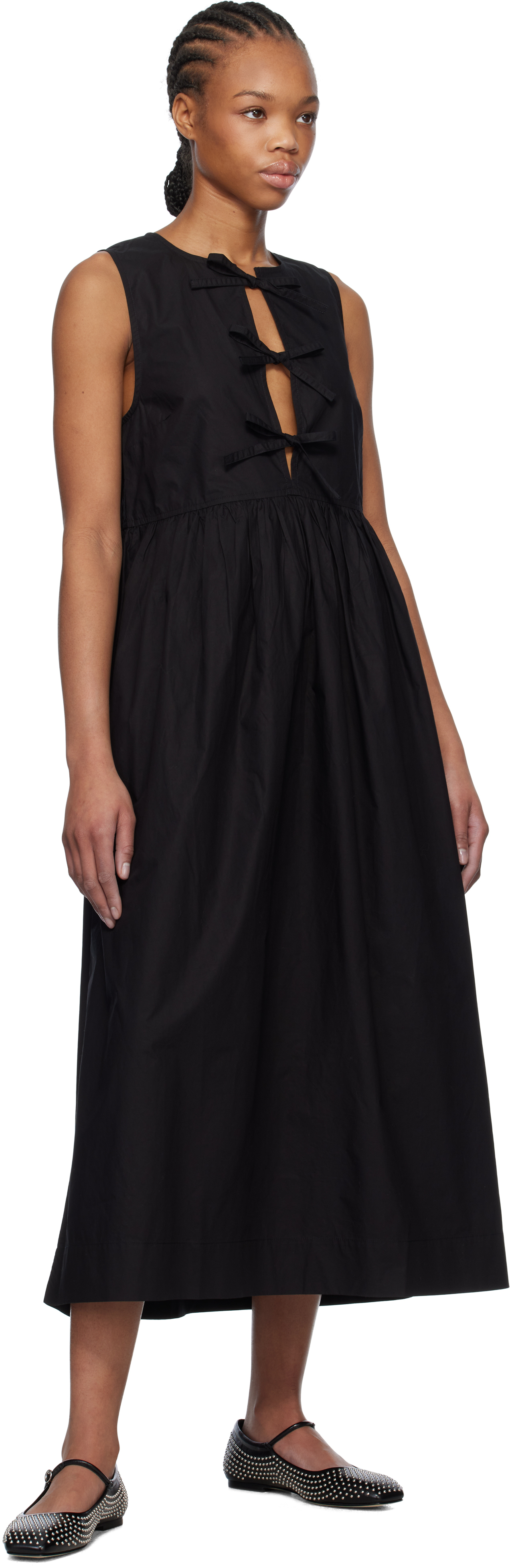 Ganni Tie String Poplin Dress In 099 Black