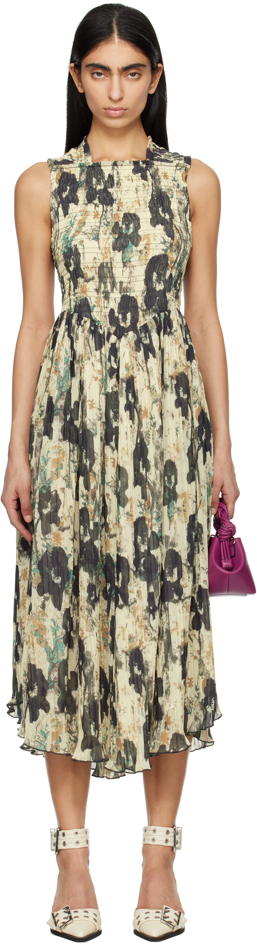 Beige 
Black Printed Pleats Smock Straps Midi Dress