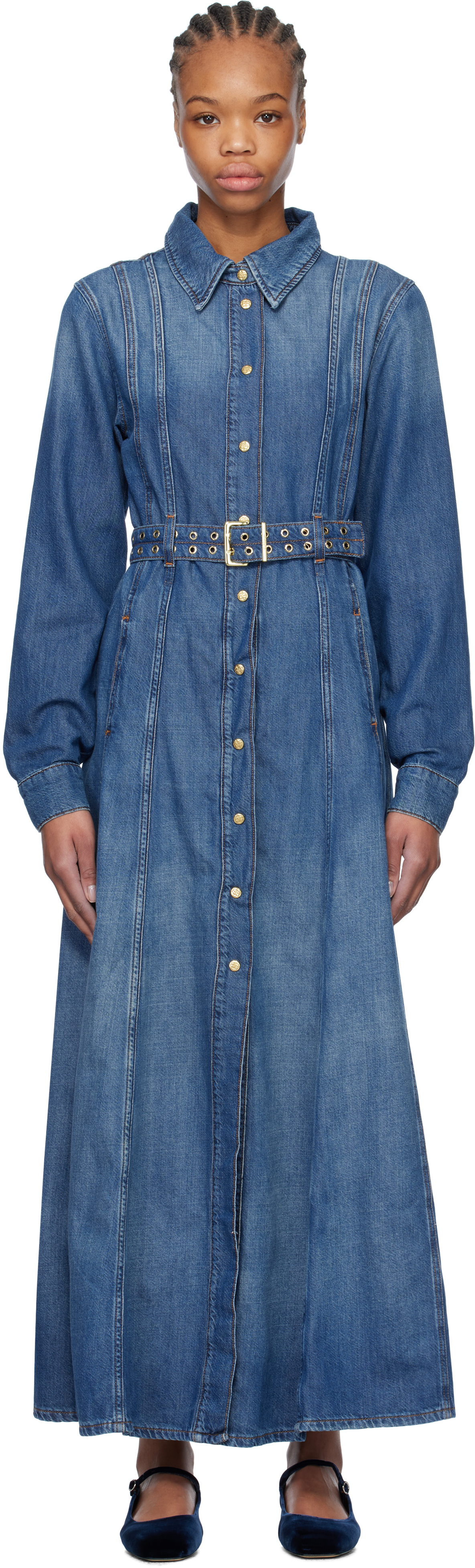 Blue Belted Denim Maxi Dress by GANNI on Sale