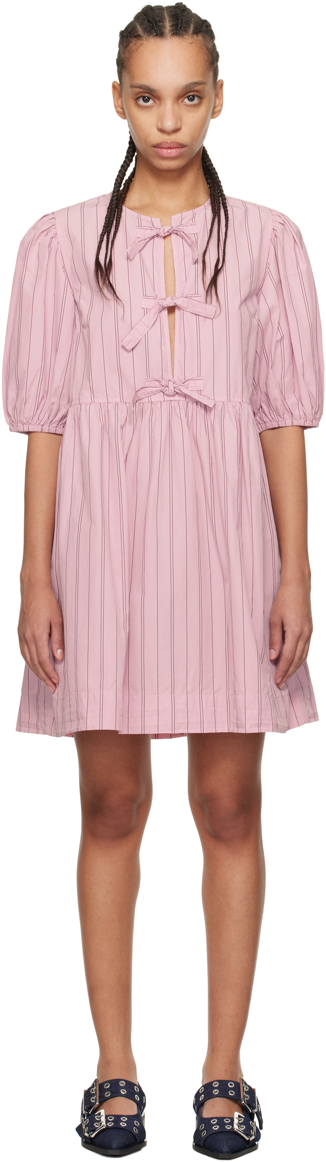 Pink Stripe Cotton Mini Bow Tie Minidress