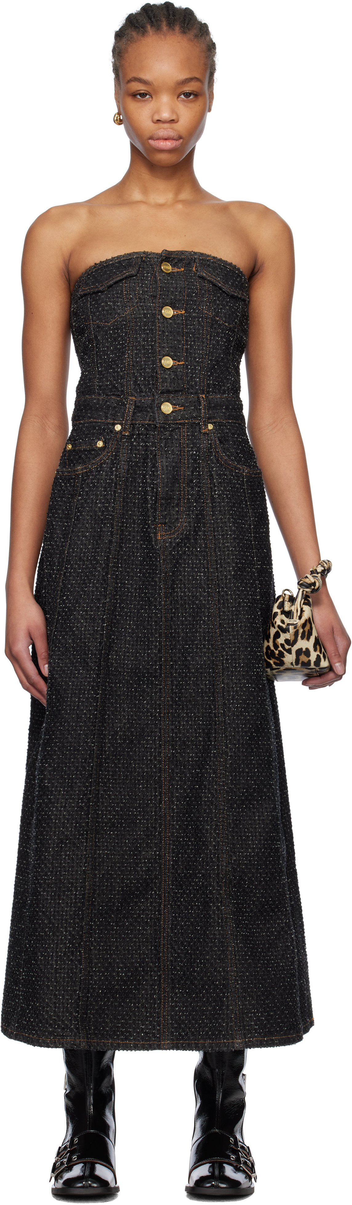 Black Fluffy Denim Corsage Maxi Dress