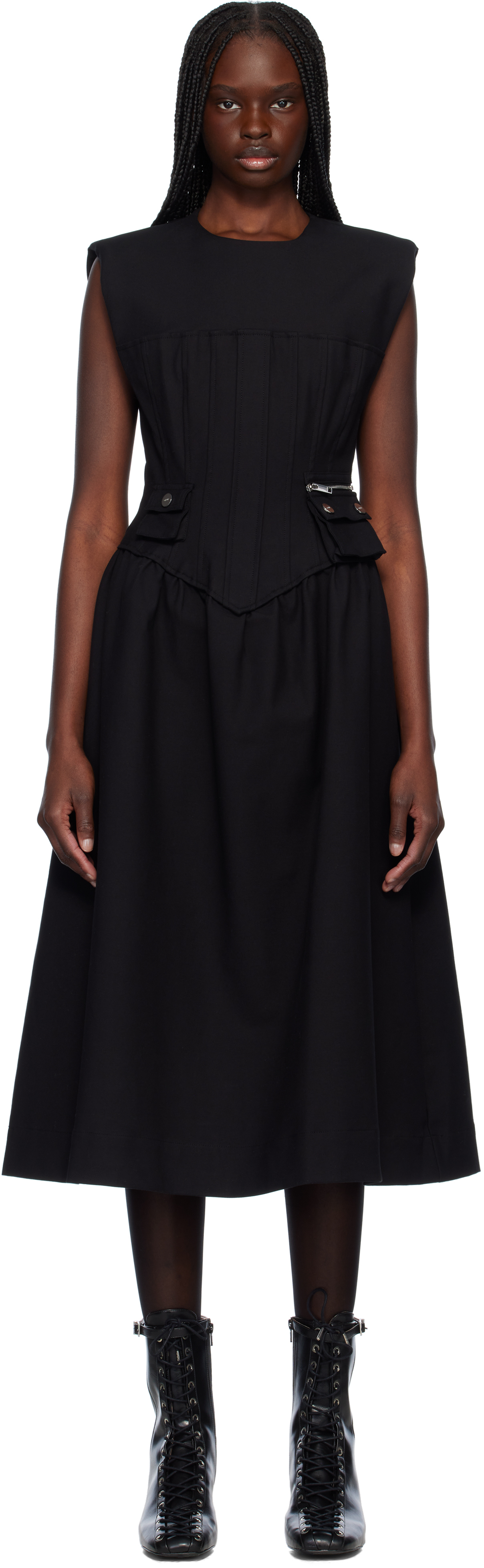 Black Heavy Cotton Corset Midi Dress by GANNI on Sale