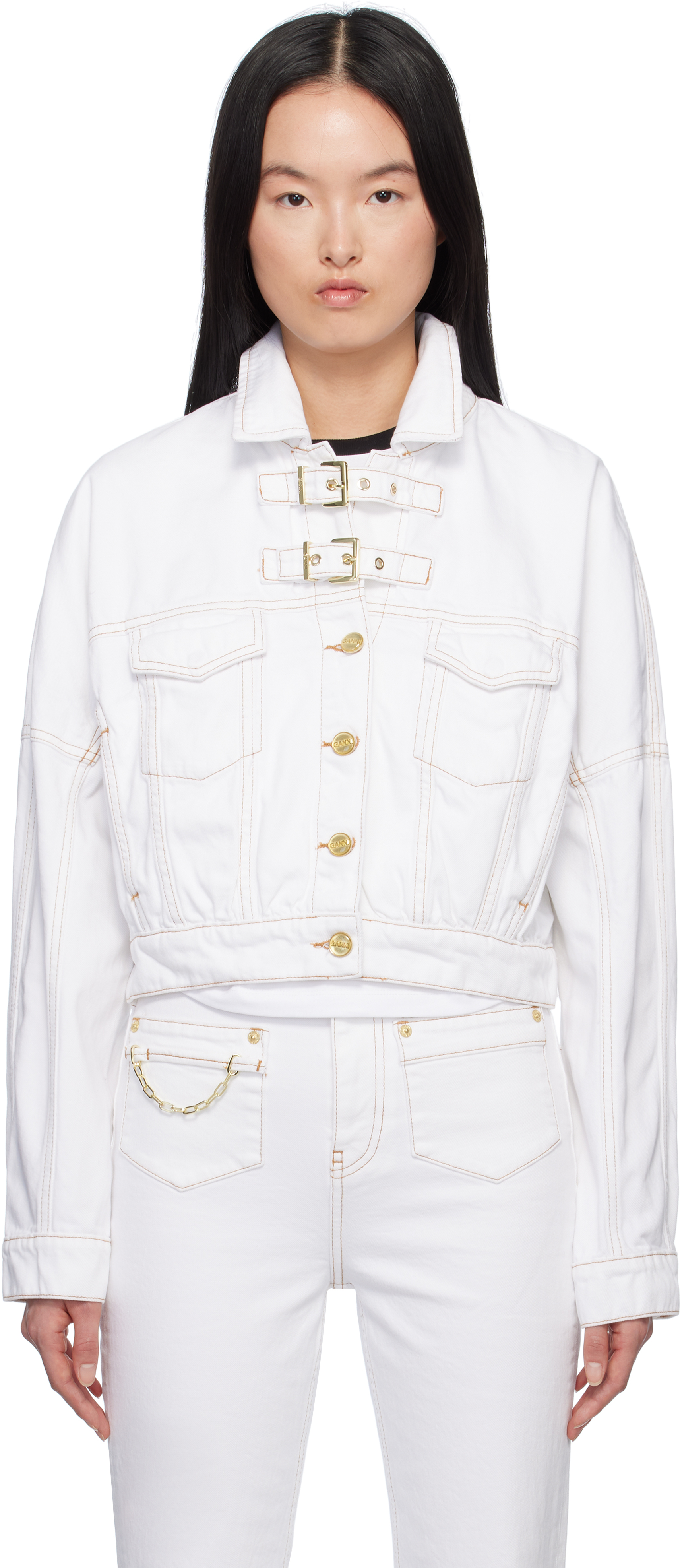 White Pin-Buckle Denim Jacket