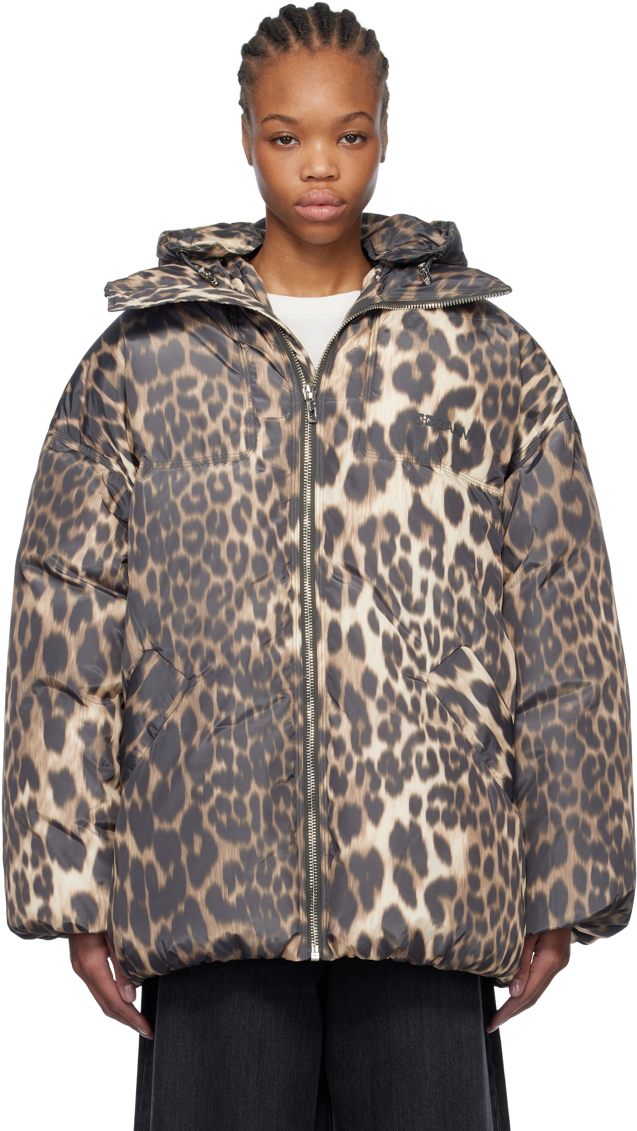 Beige 
Brown Leopard Midi Down Jacket