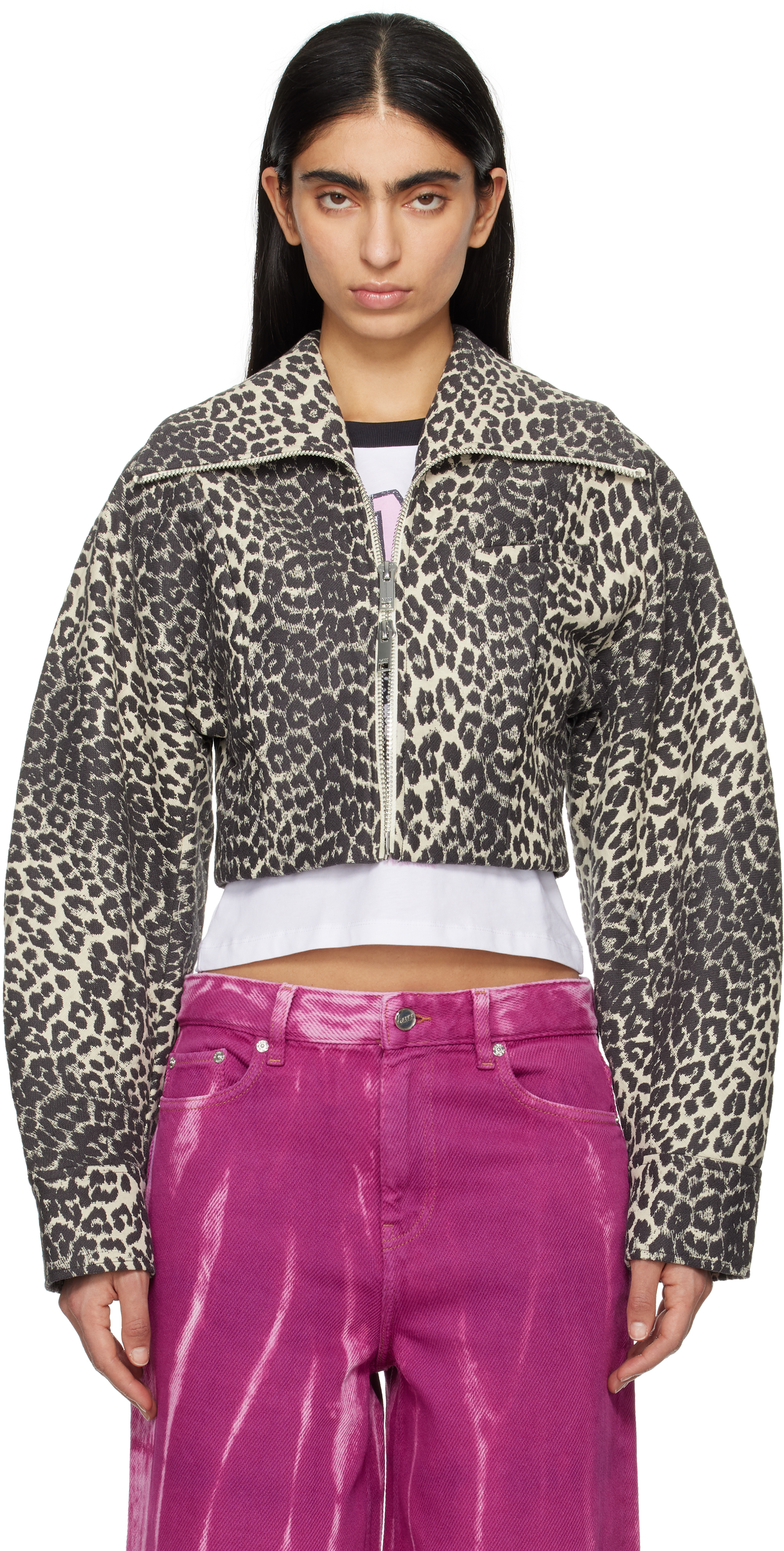 Beige 
Gray Leopard Curve Sleeve Short Jacket