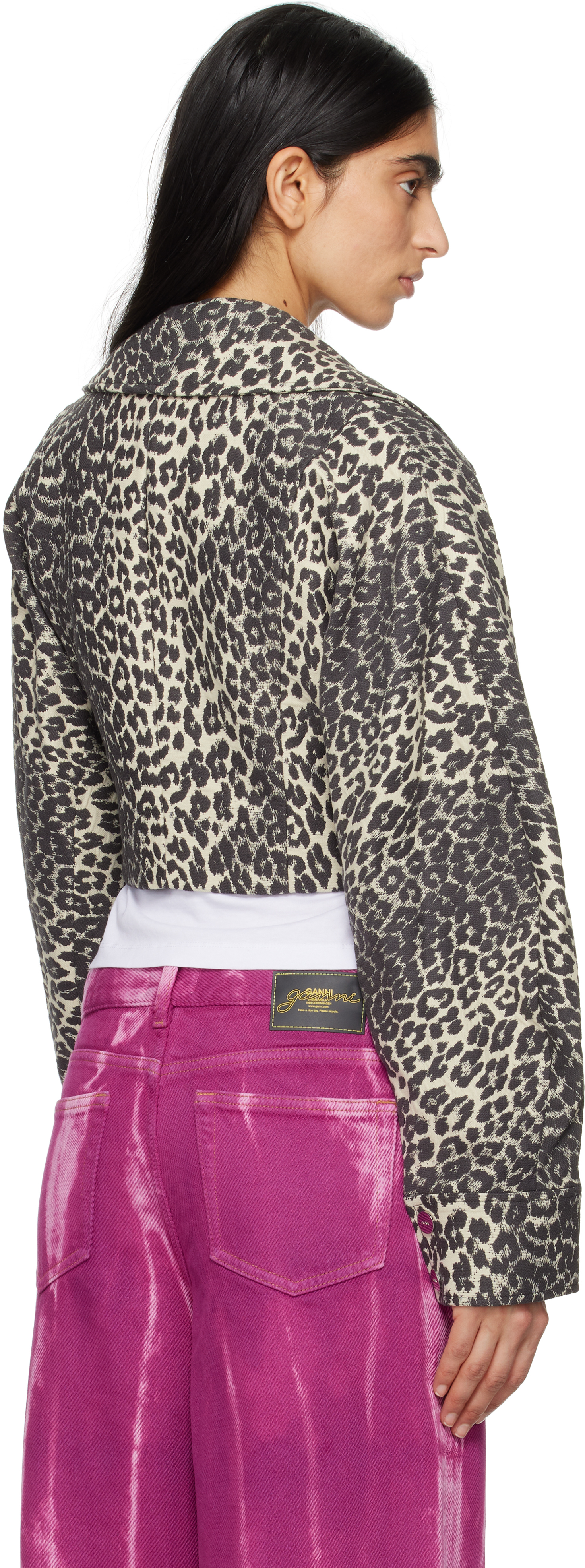 Ganni Beige & Gray Leopard Curve Sleeve Short Jacket In 943 Leopard