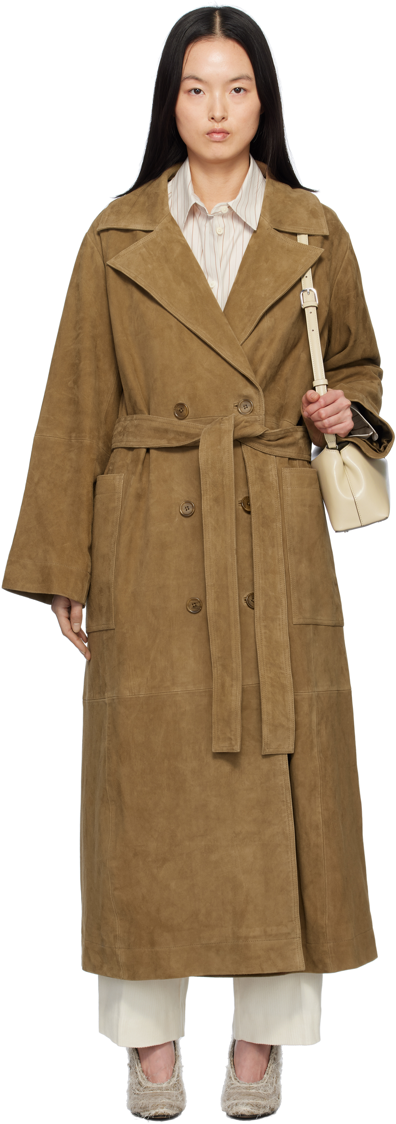 Róhe Khaki Belted Wrap Suede Coat