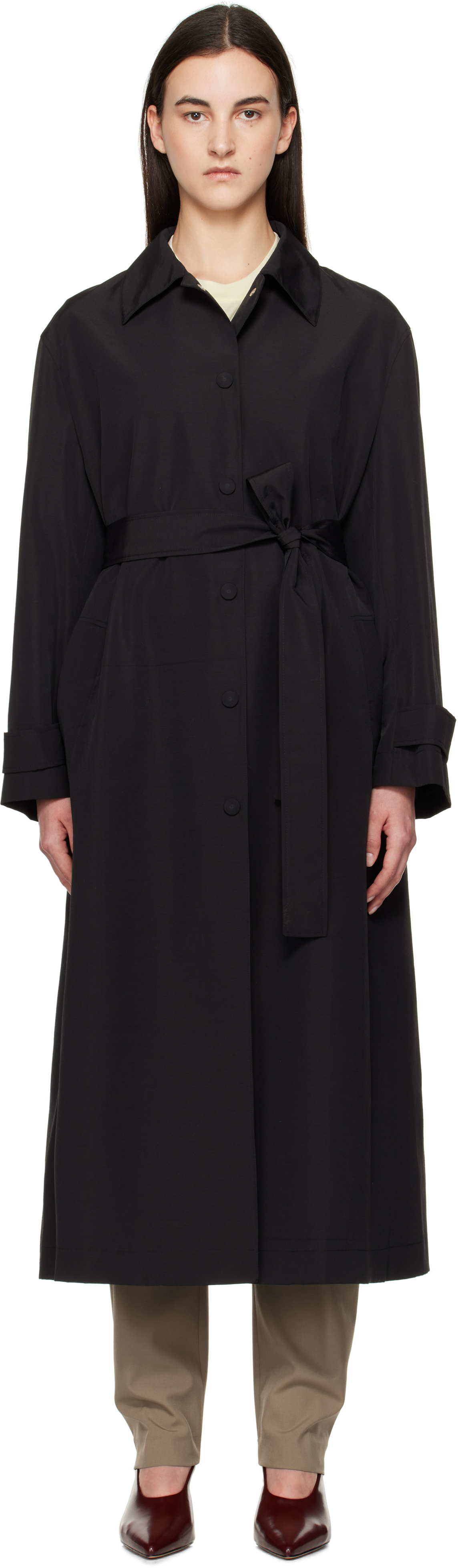 Róhe Black Wool-Nylon Belted Wrap Trench Coat