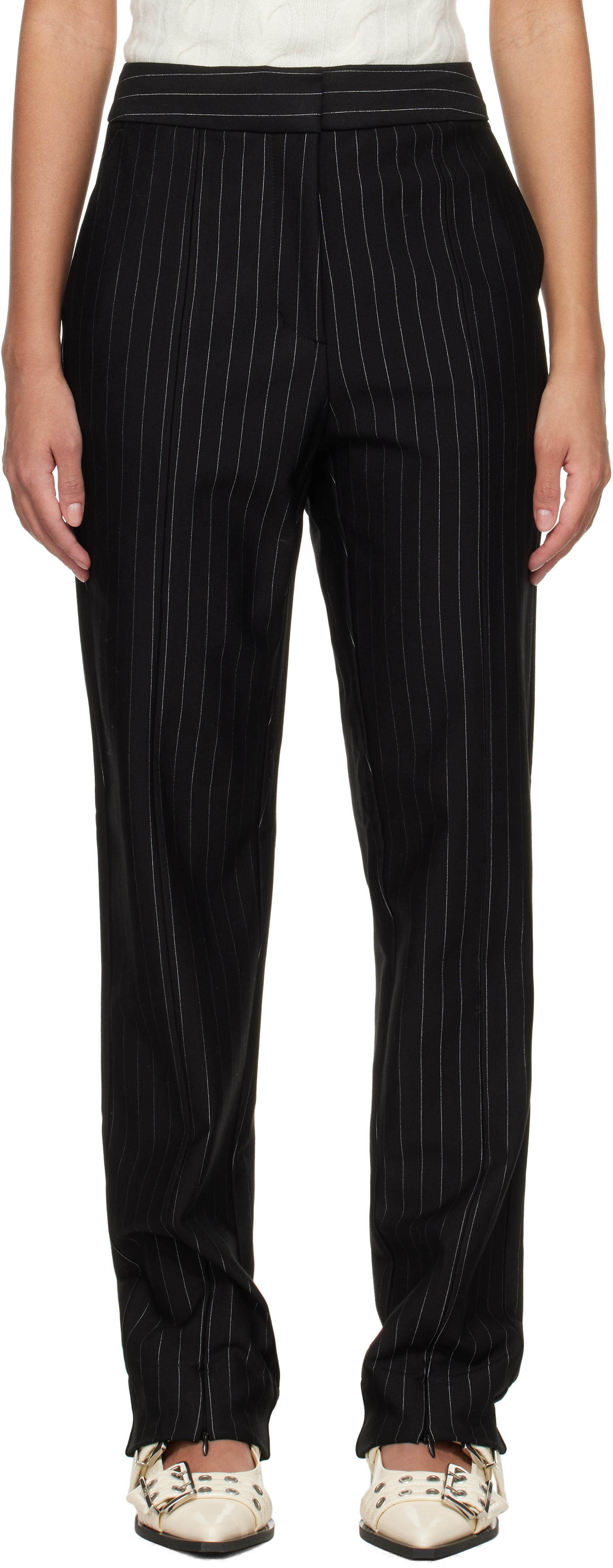 Black Stripe Mid Waist Trousers