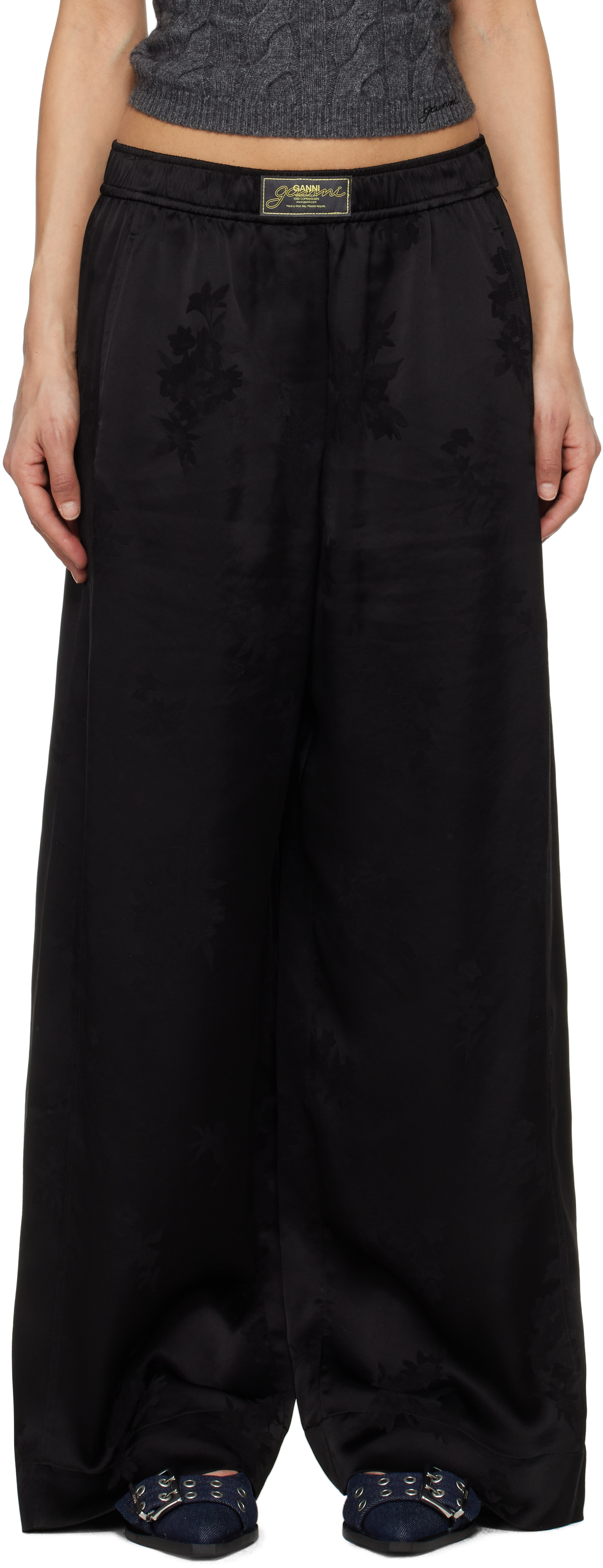 Black Satin Jacquard Trousers