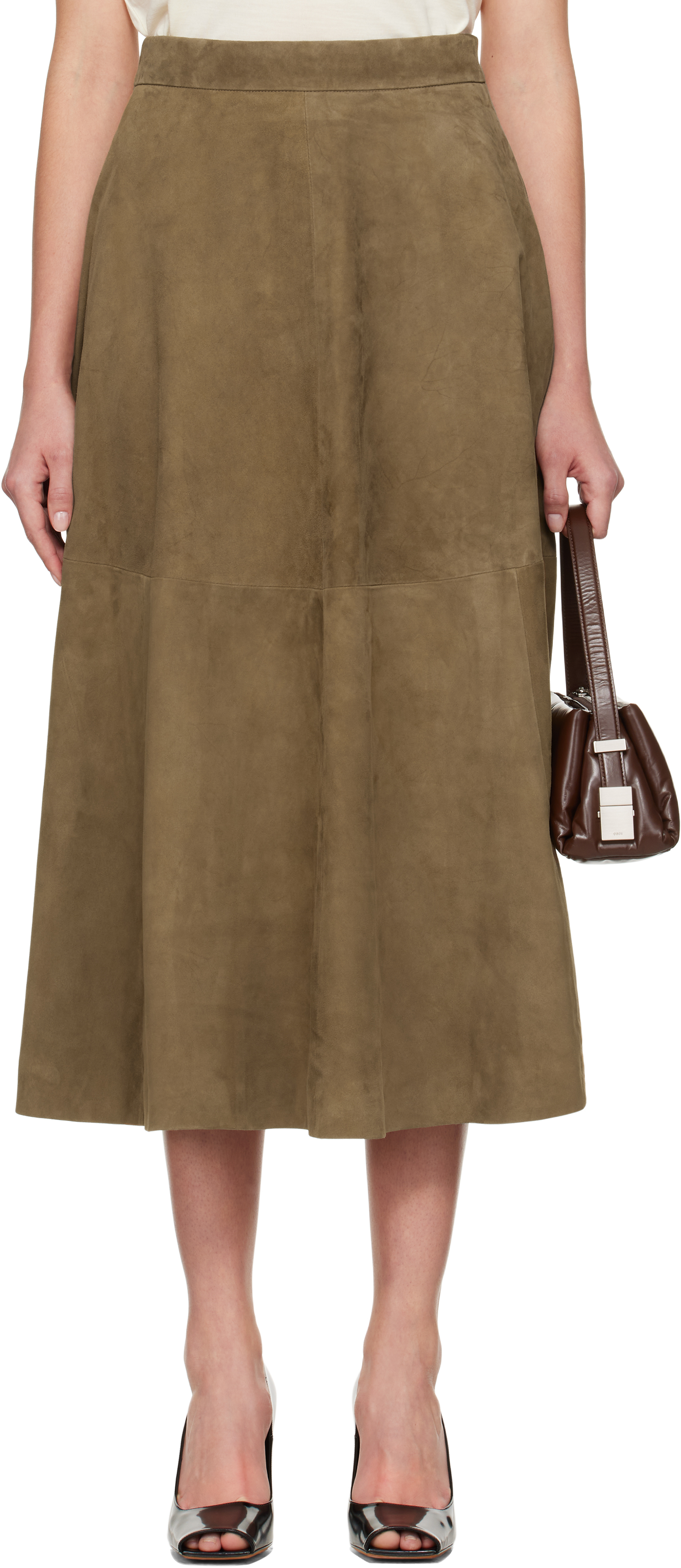 Róhe Khaki A-Line Suede Midi Skirt