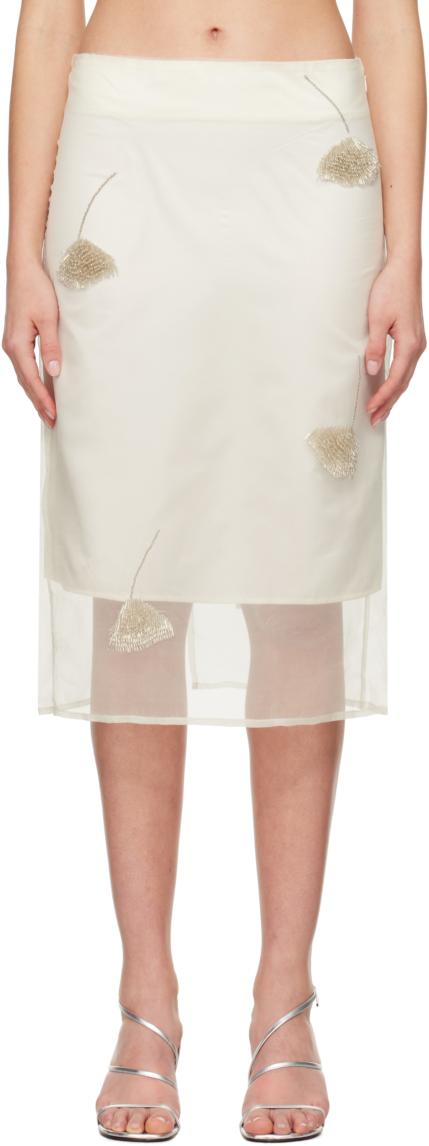 Róhe Off-White Embellished Tulip Organza Midi Skirt