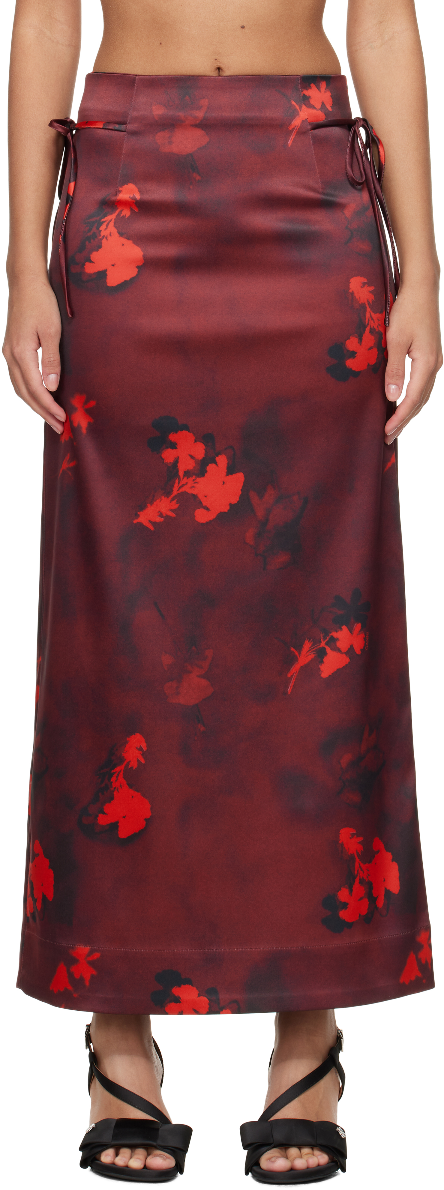 Red Printed Satin Maxi Skirt