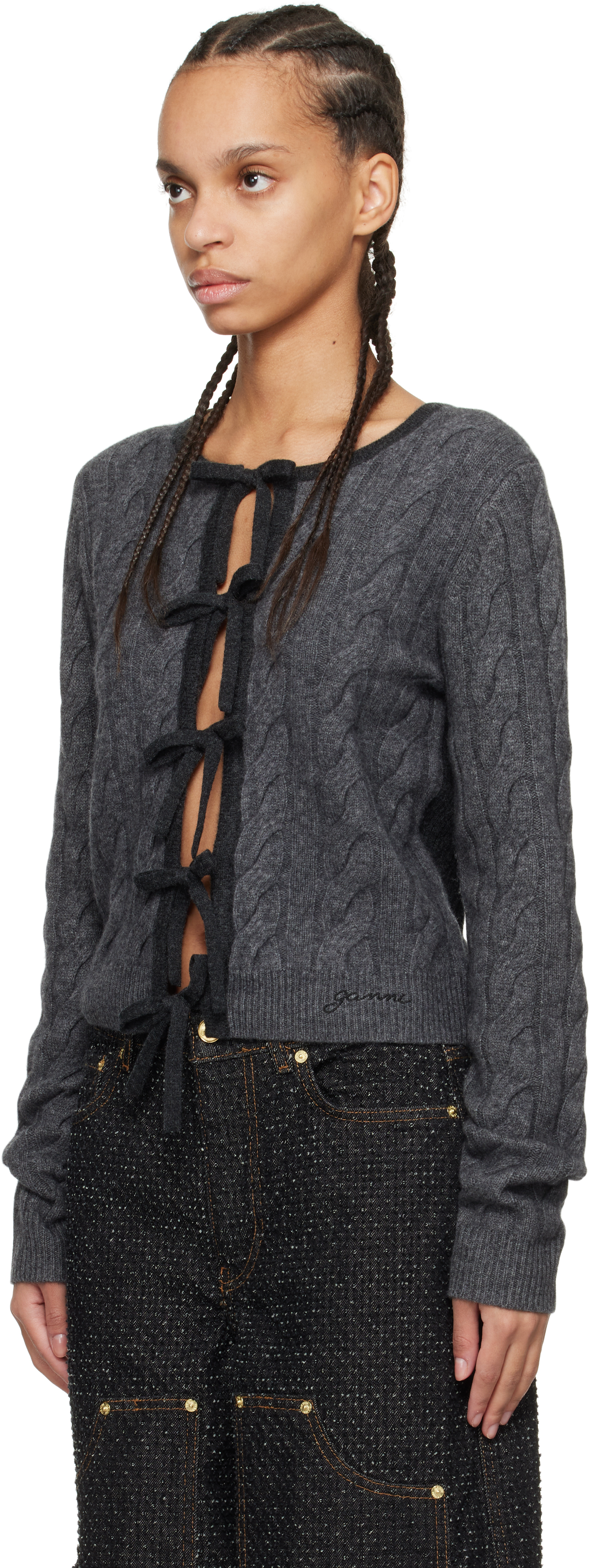 Ganni Gray Cashmere Mix Tie String Cardigan In 252 Phantom