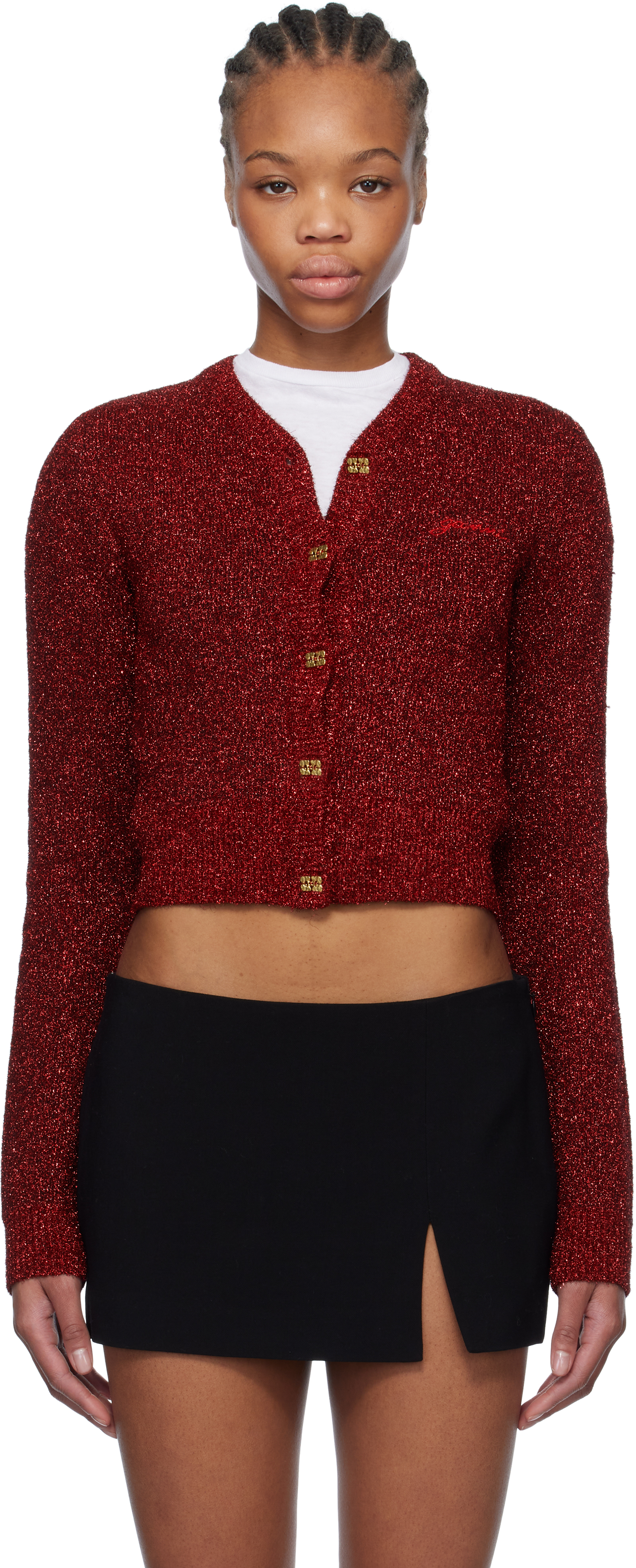 Ganni Red Sparkle Short Cardigan In 474 Racing Red