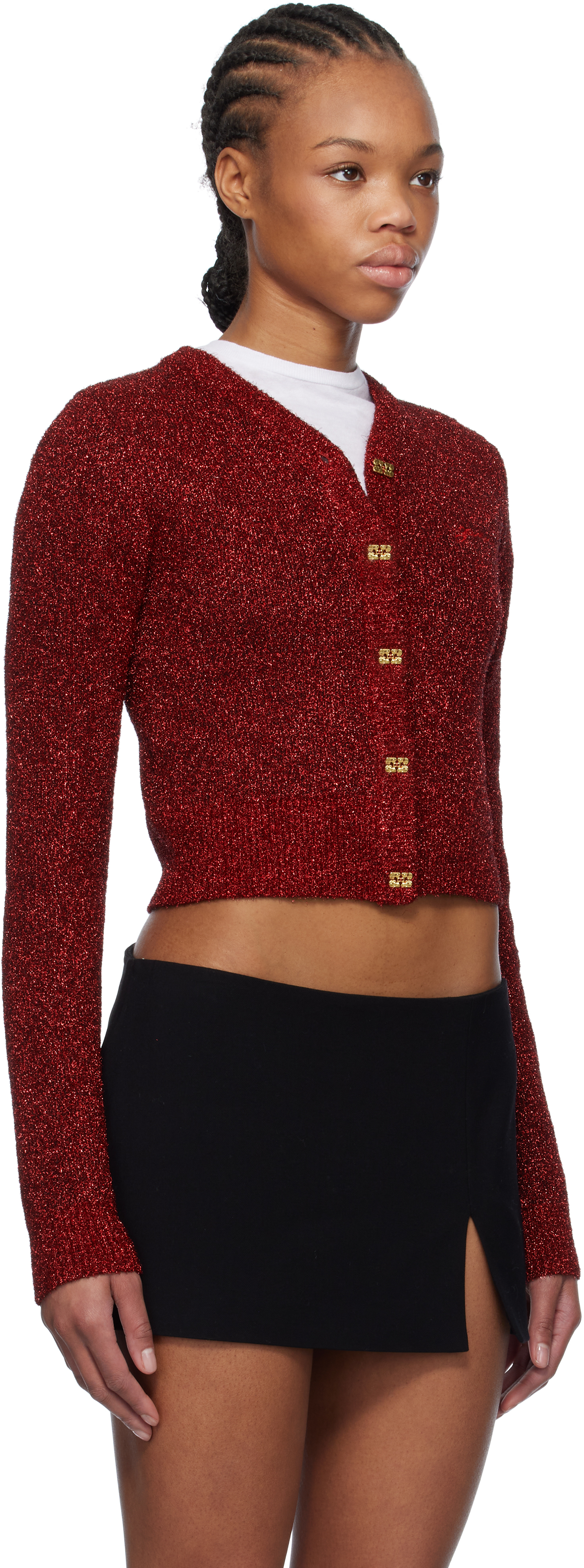 Ganni Red Sparkle Short Cardigan In 474 Racing Red