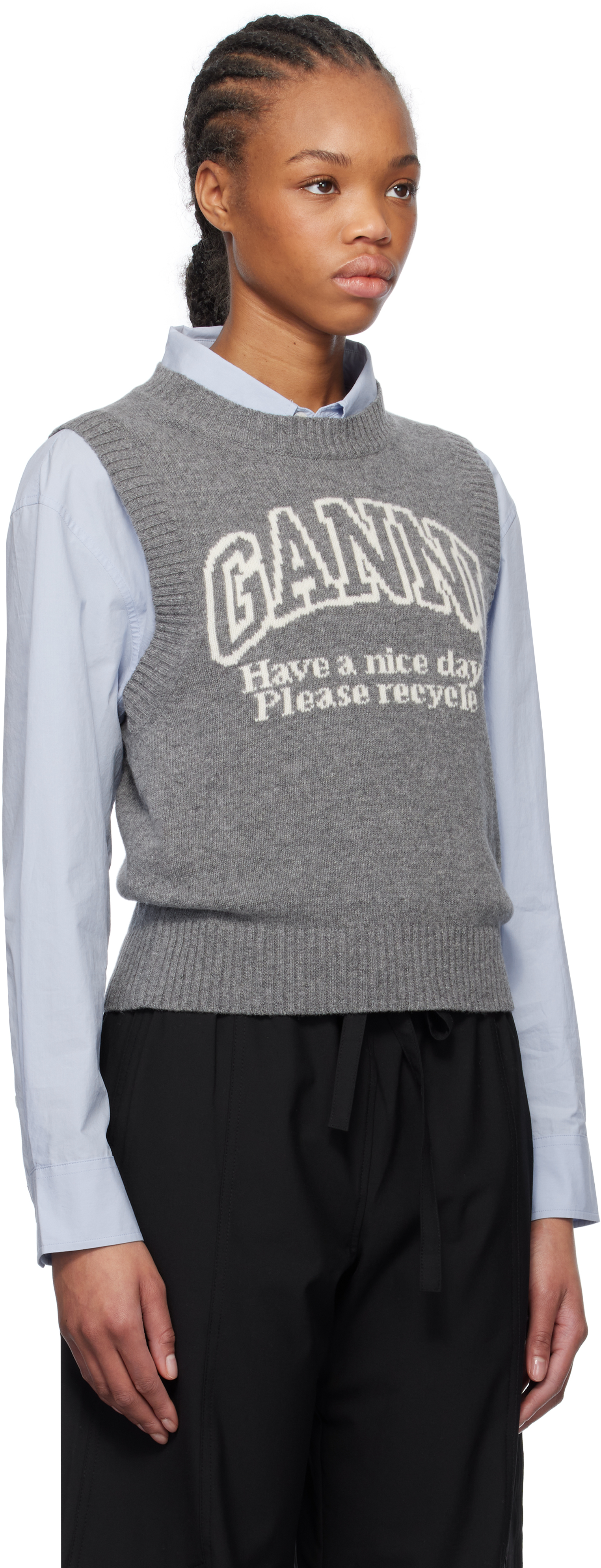 Ganni Knitted Vest With Logo In 523 Frost Gray