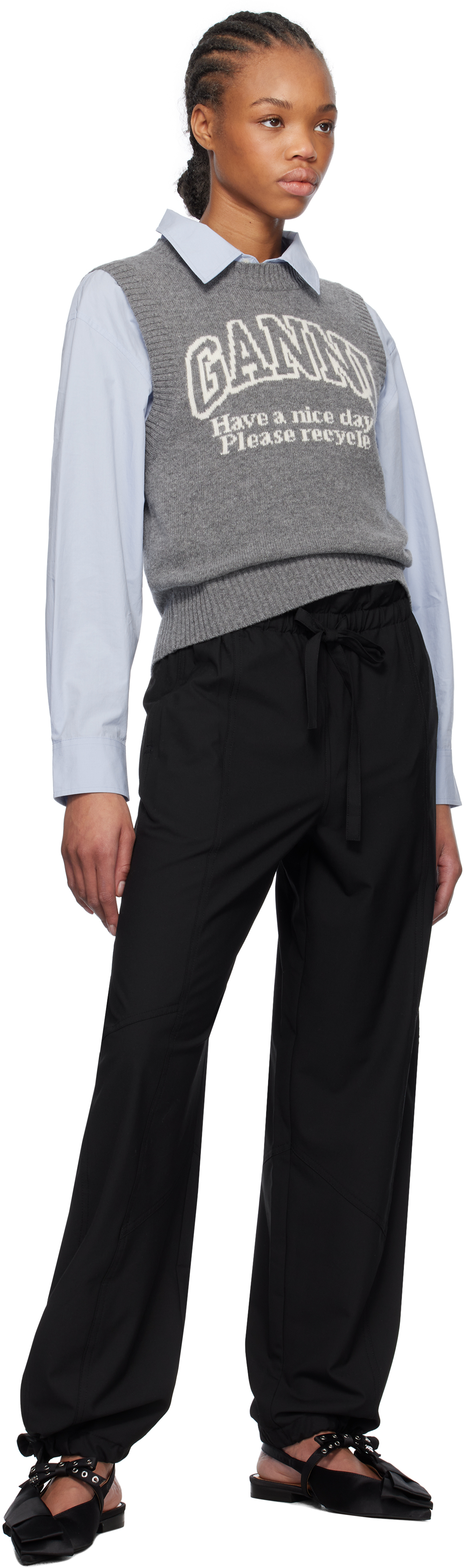 Ganni Knitted Vest With Logo In 523 Frost Gray