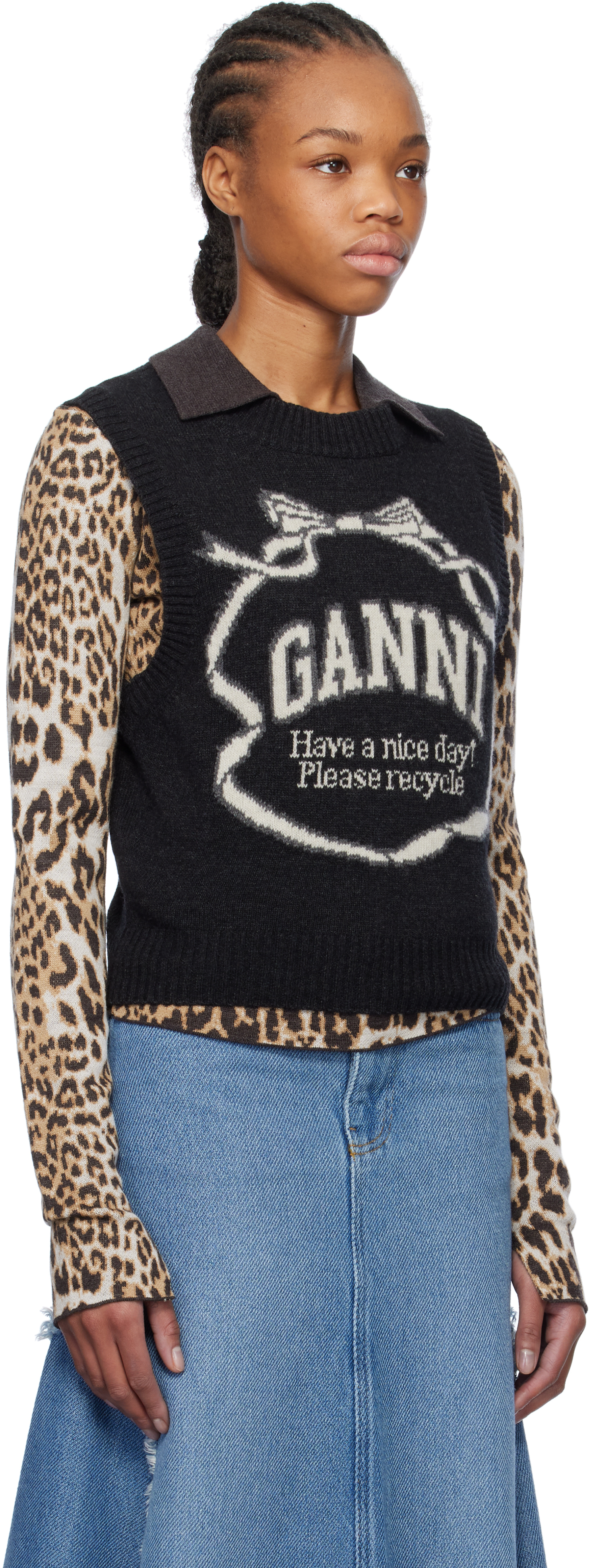 Ganni Logo Intarsia Wool-blend Sweater Vest In 252 Phantom