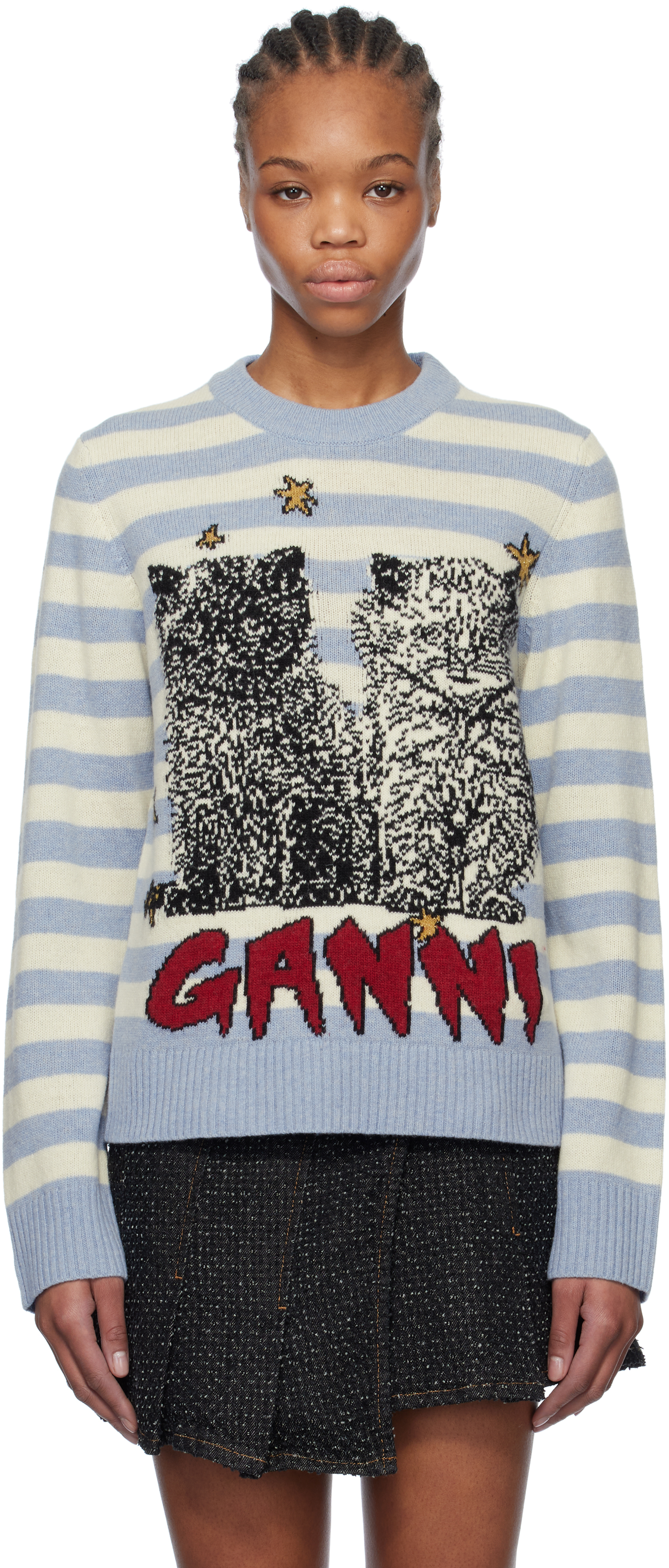 Blue 
White Striped Graphic Cat Sweater