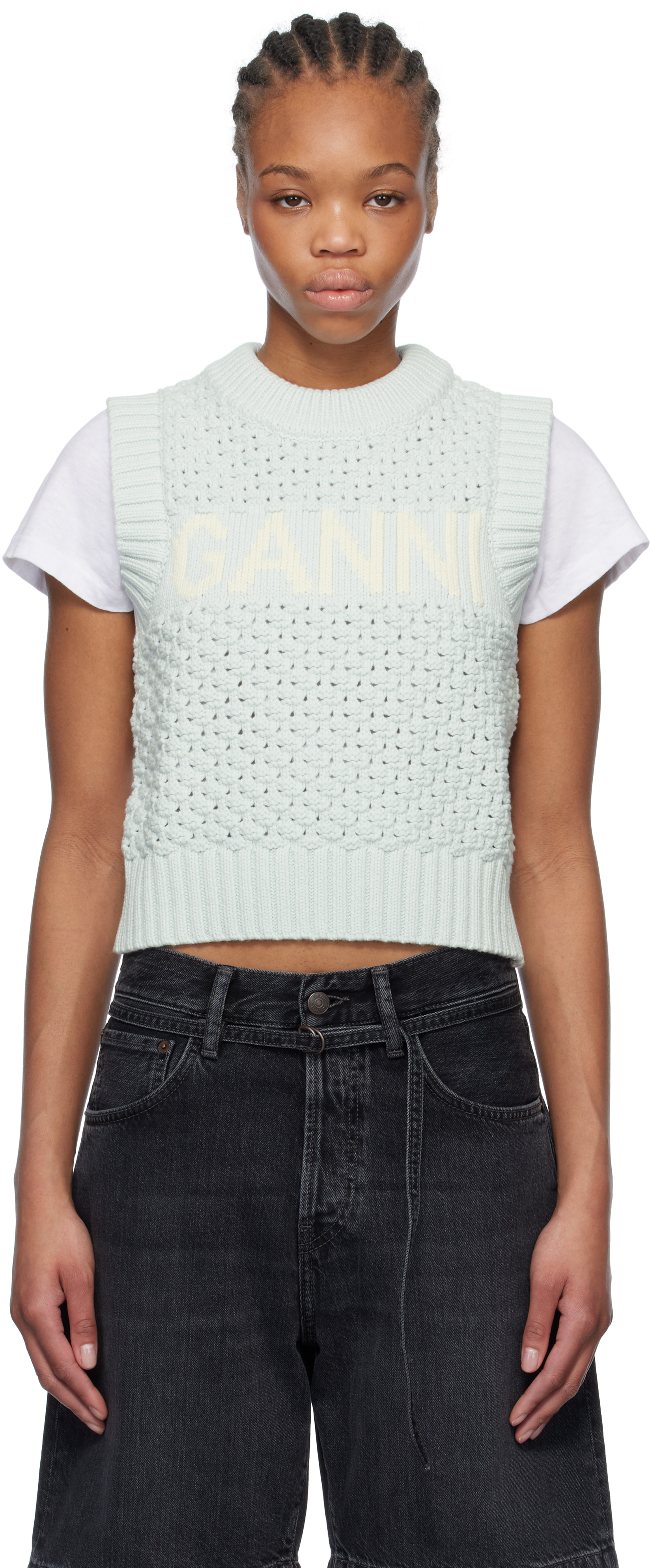 Ganni Textured Organic Cotton Blend Sweater Vest In 628 Illusion Blue
