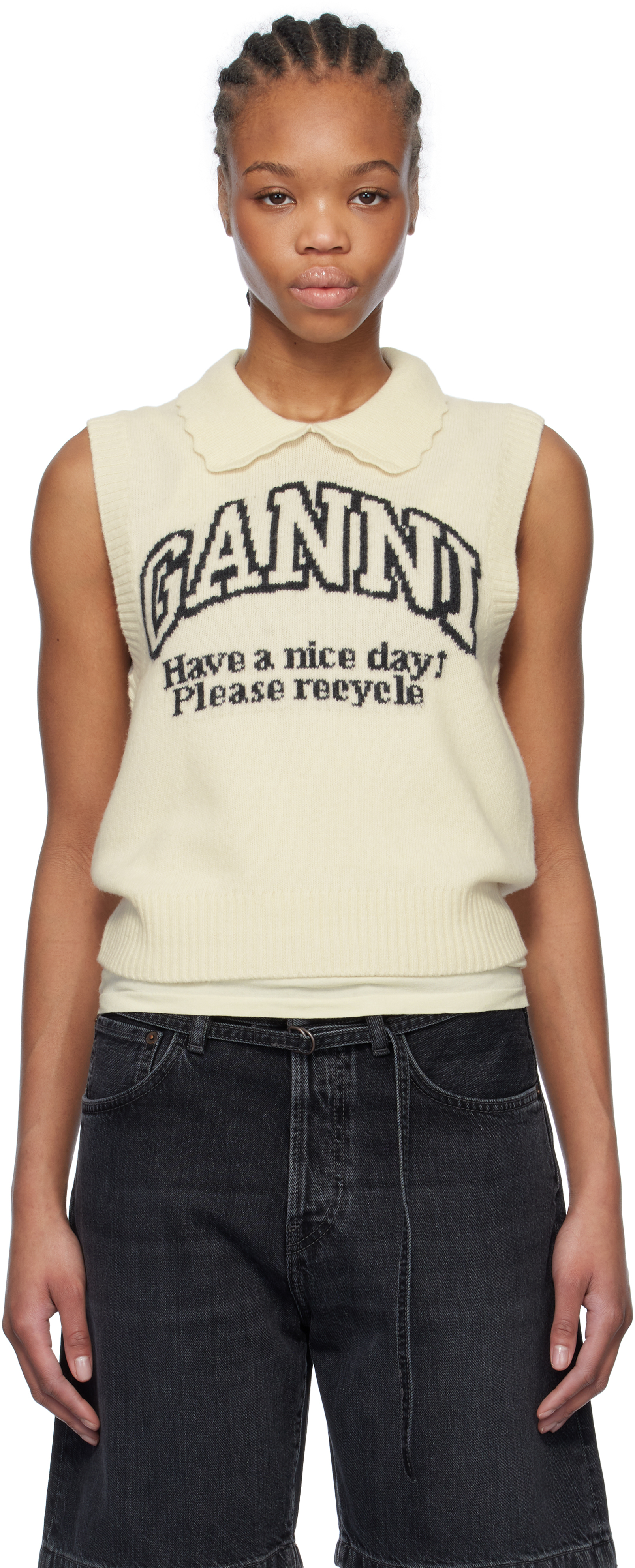 Ganni Gilet Con Grafica E Collo In 135 Egret