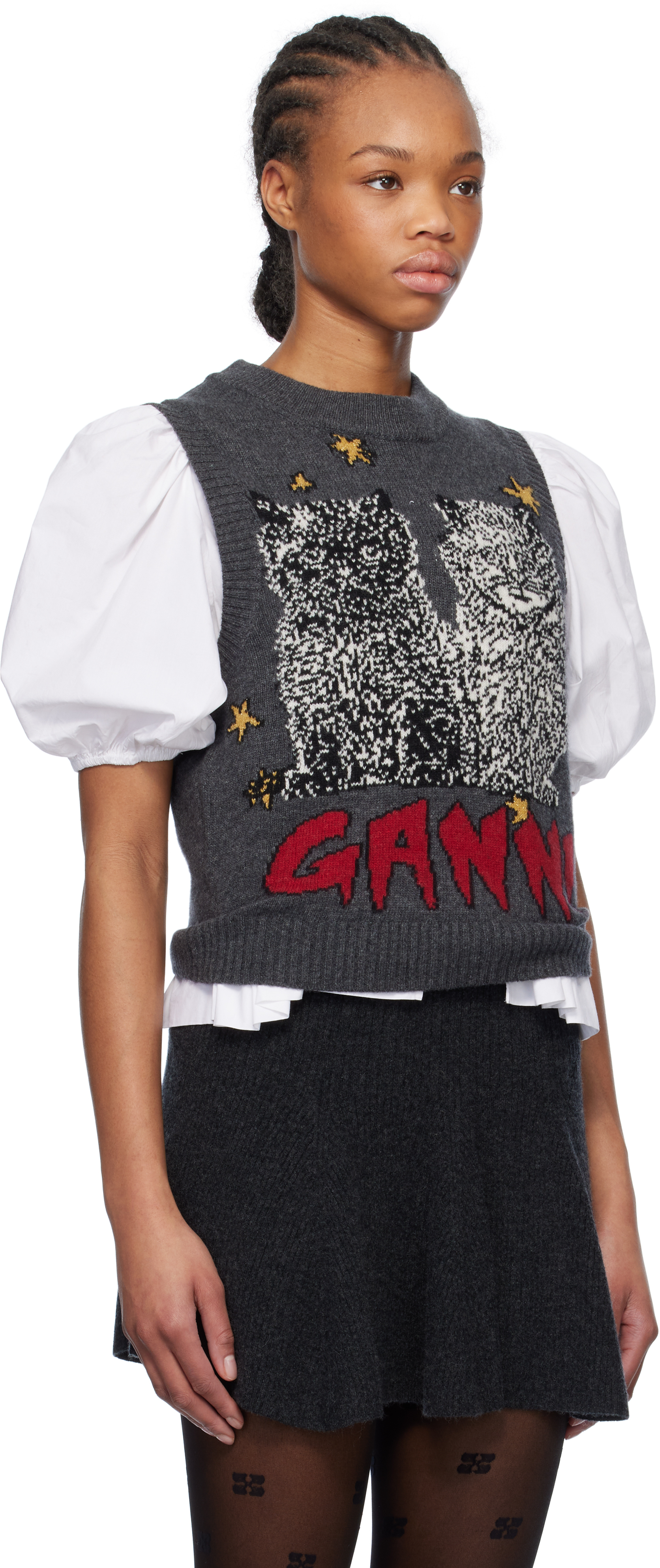Ganni Logo Intarsia Wool-blend Sweater Vest In 084 Gray Quill