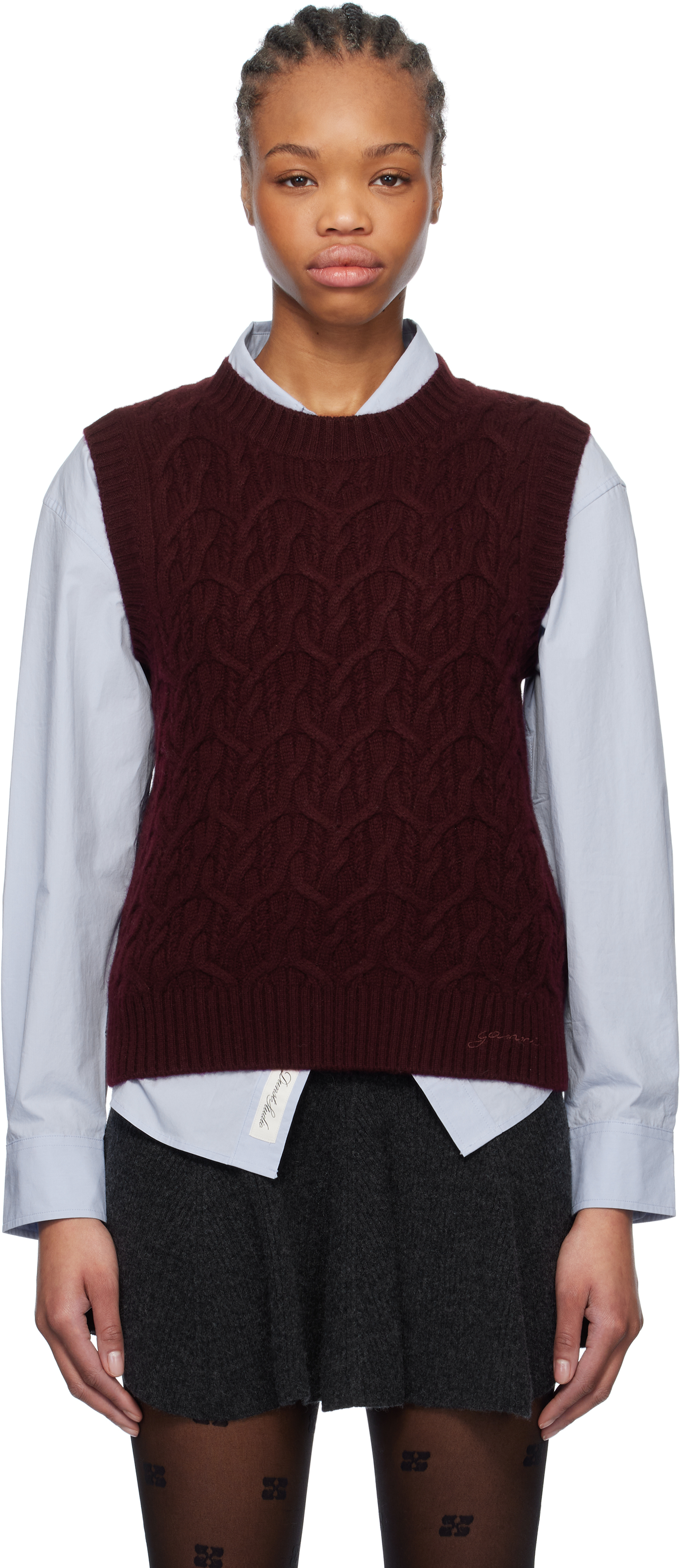 Ganni Red & Gray Wool Cashmere Cable Vest In 431 Port Royale