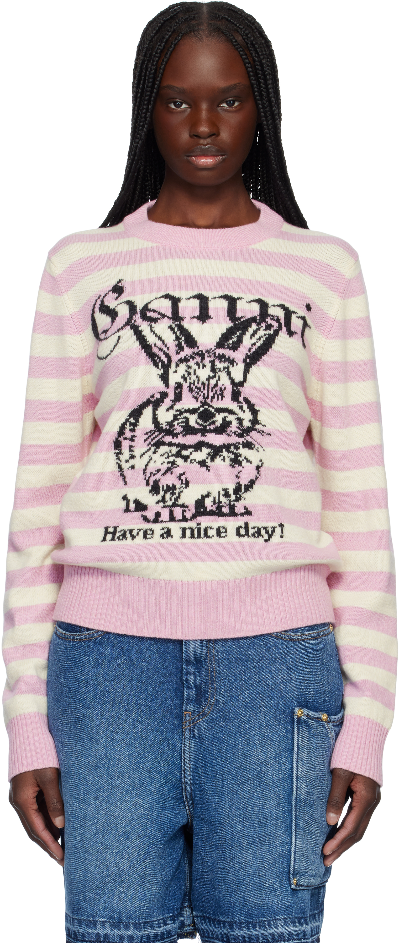 GANNI: Pink & White Striped Graphic Wool Bunny Sweater | SSENSE