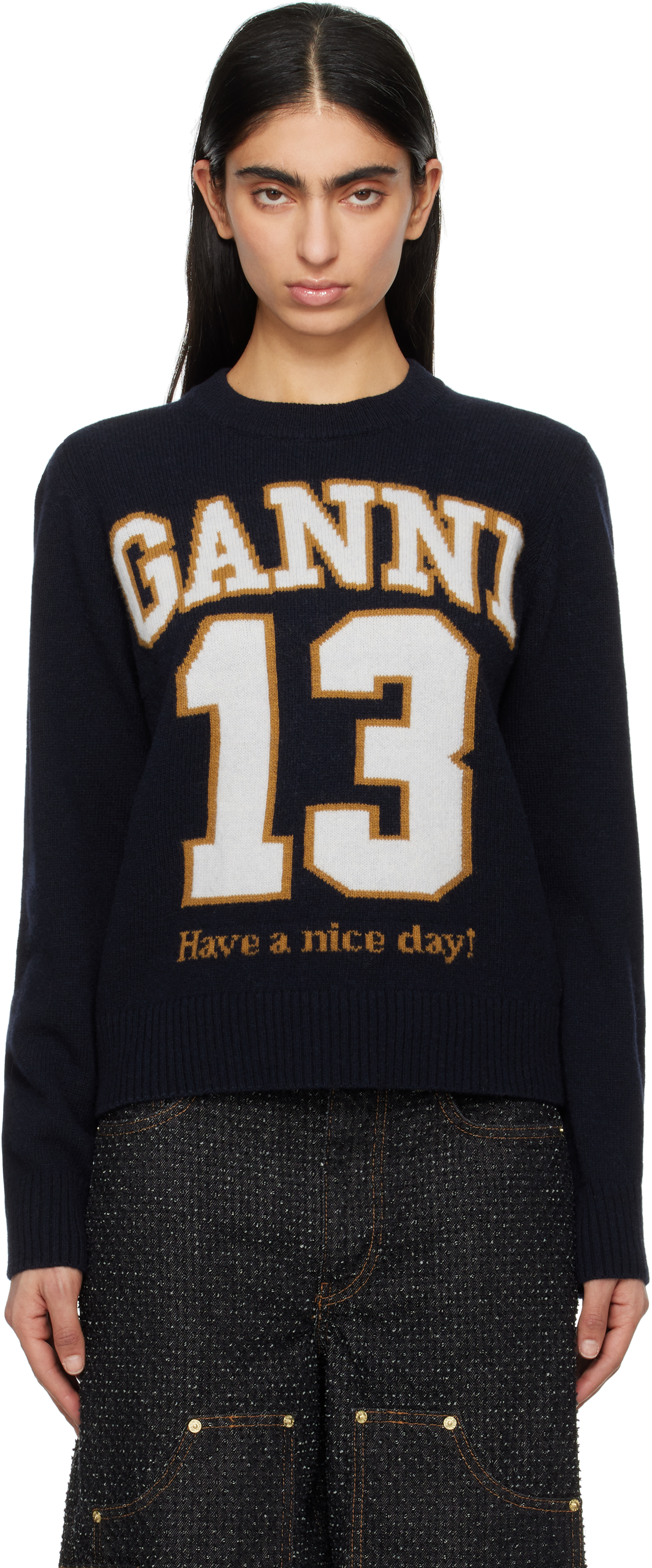 Navy Graphic Wool Mix Baseball Sweater